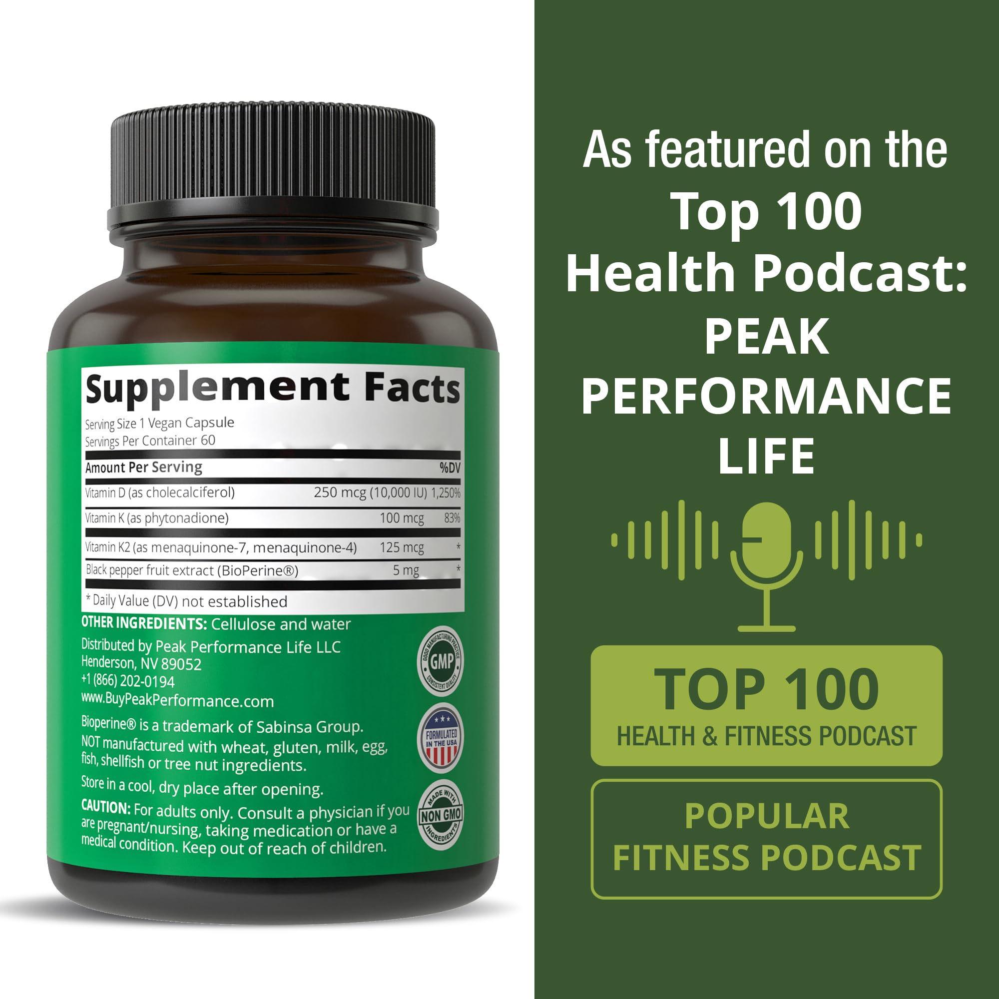 Peak Performance Vitamin D 10000 IU with Vitamin K (K1, MK-7, MK-4) – 60 Capsules