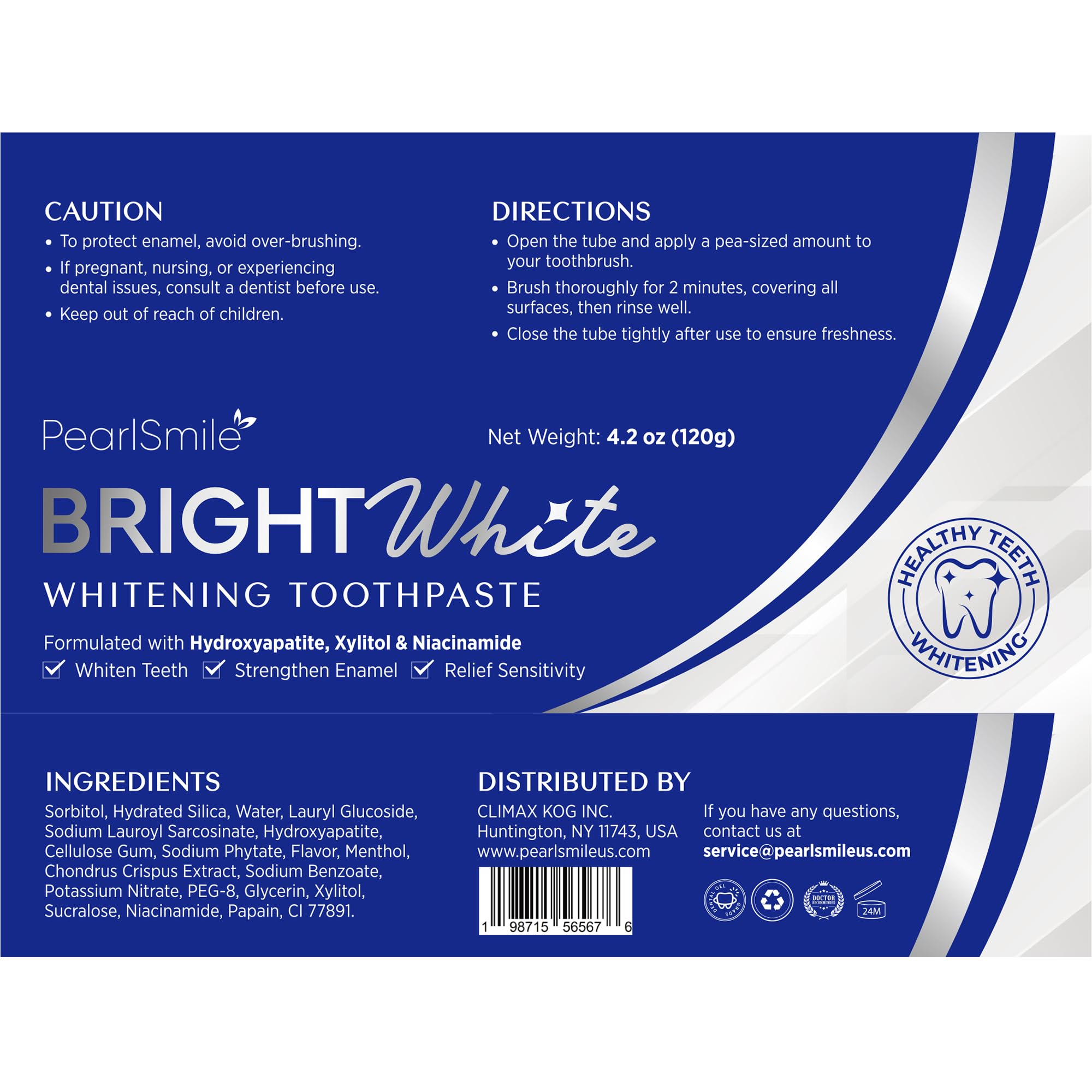 PearlSmile Nano-Hydroxyapatite Niacinamide Whitening Toothpaste – Fluoride-Free, 4.2oz Pack of 3