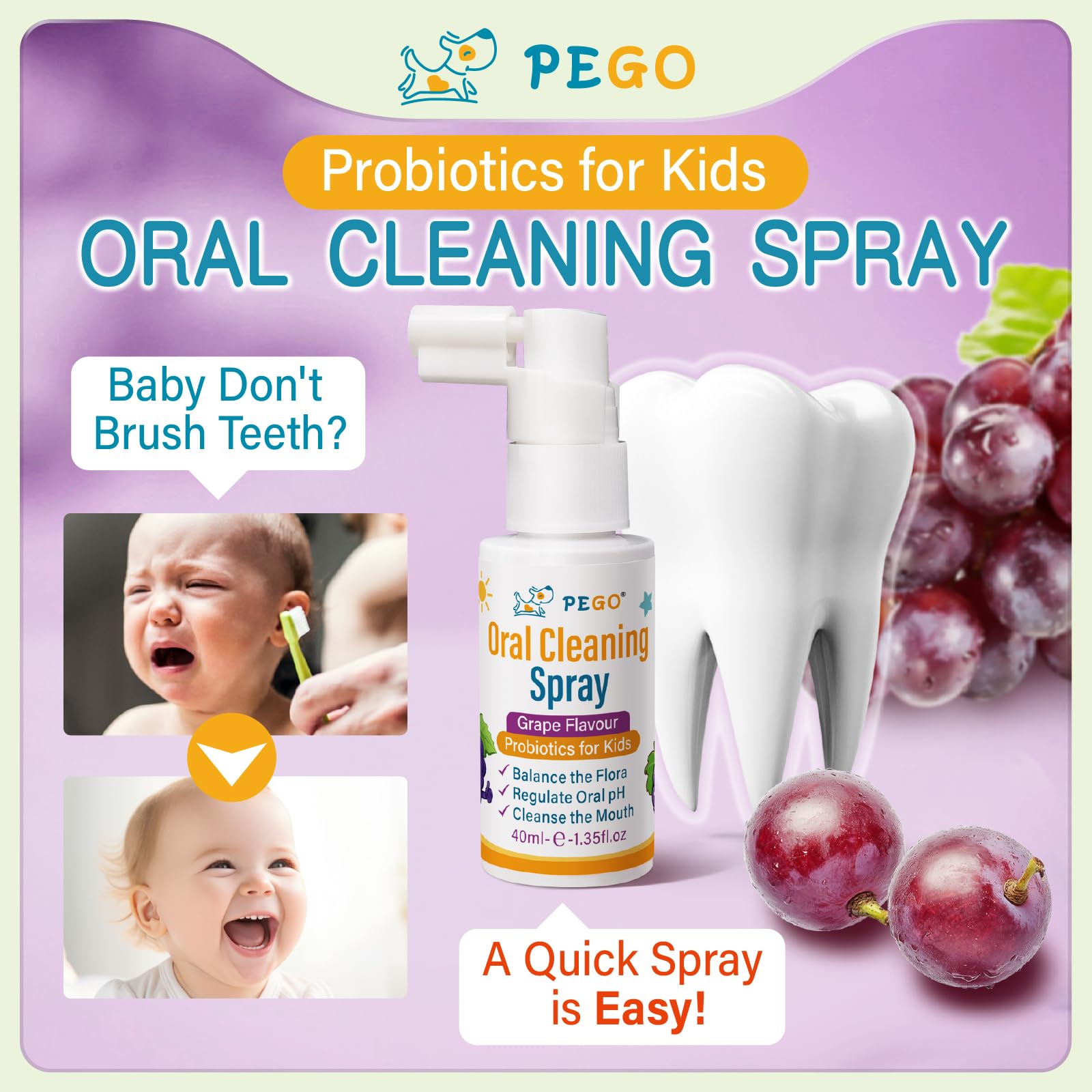 PEGO Kids Oral Spray - Fluoride-Free Toddler Care, Grape Flavor (40ml) | Newborn to Preschoolers