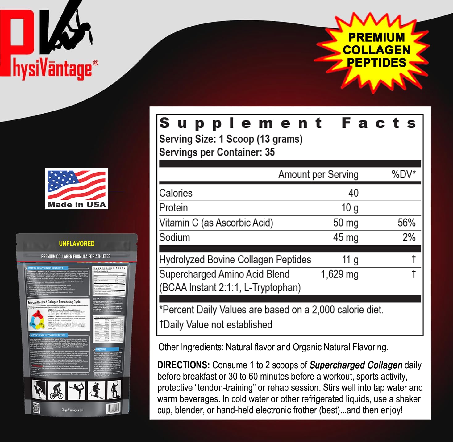 PhysiVantage Supercharged Collagen Peptides Powder – Hydrolyzed Collagen for Joints, Tendons, Ligaments & Skin Health | Grass-Fed, Vitamin C, BCAAs | 16oz