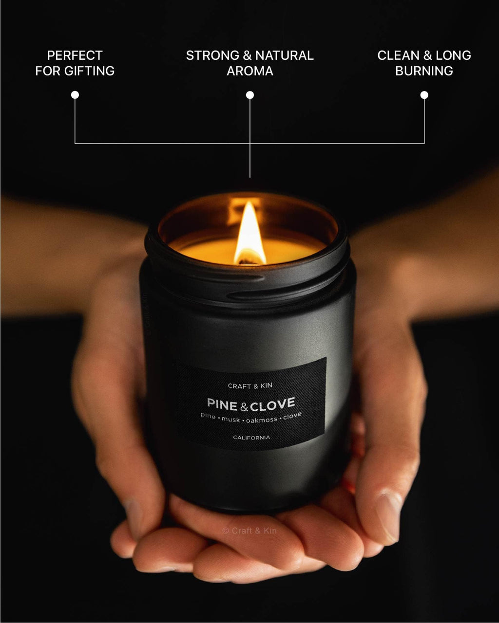Craft & Kin Premium Pine & Clove Candle | Black Christmas Scented Soy Candle – 7.6oz, 45 Hour Burn Time