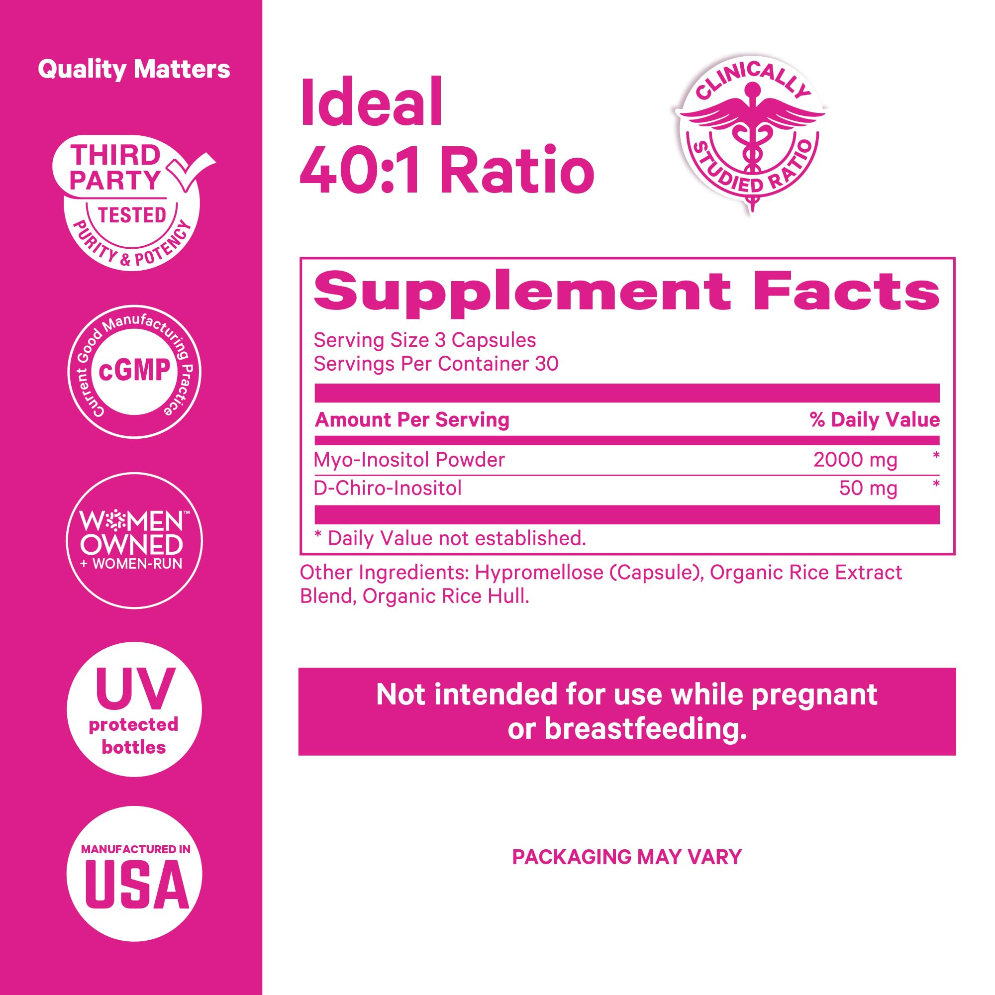 Pink Stork Myo-Inositol & D-Chiro Inositol Supplement – Hormonal Balance for Women, 40:1 Ratio, 180 Capsules