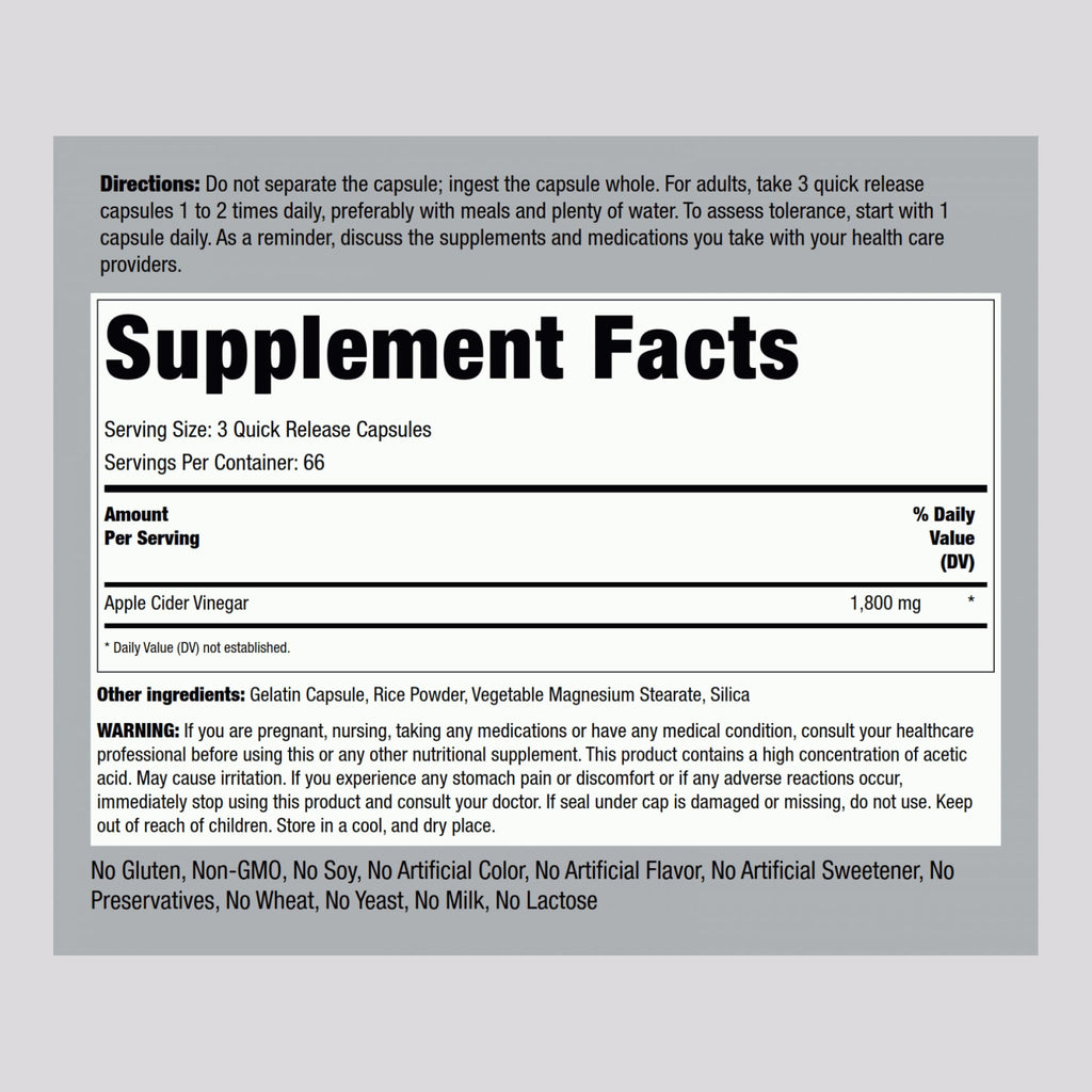 Piping Rock Apple Cider Vinegar Capsules 1800 mg | 200 Pills | Pack of 2 | Non-GMO, Gluten Free