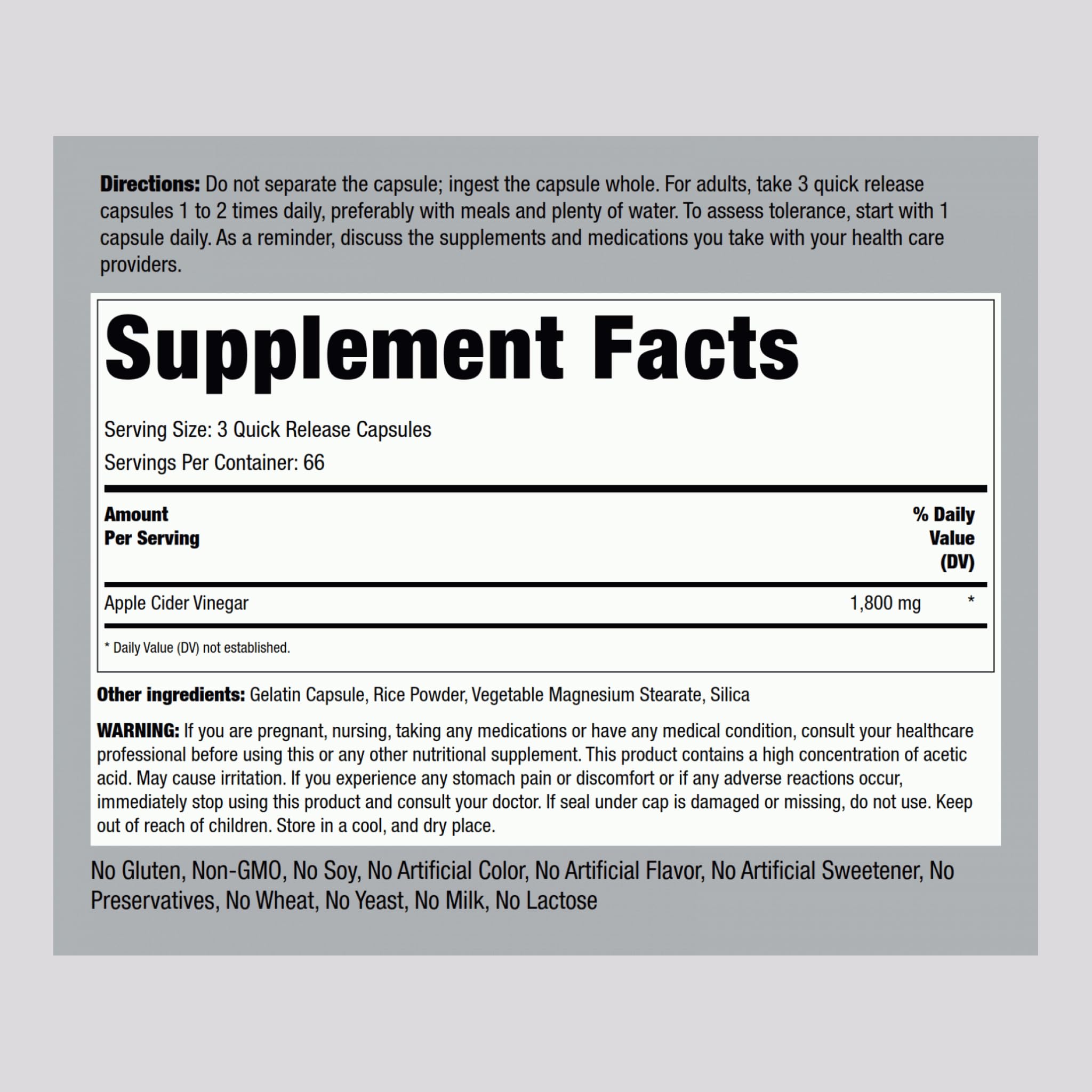 Piping Rock Apple Cider Vinegar Capsules 1800 mg | 200 Pills | Pack of 2 | Non-GMO, Gluten Free