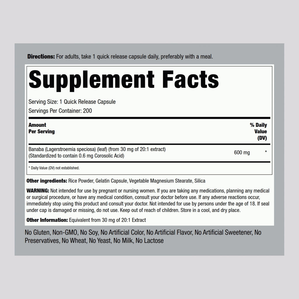 Piping Rock Banaba Leaf Extract Capsules 600mg - 200 Count | Corosolic Acid