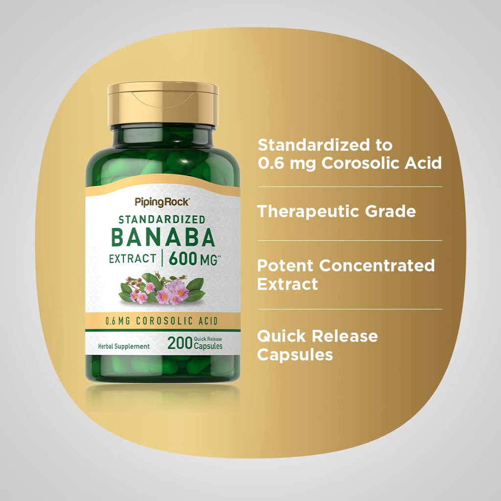 Piping Rock Banaba Leaf Extract Capsules 600mg - 200 Count | Corosolic Acid