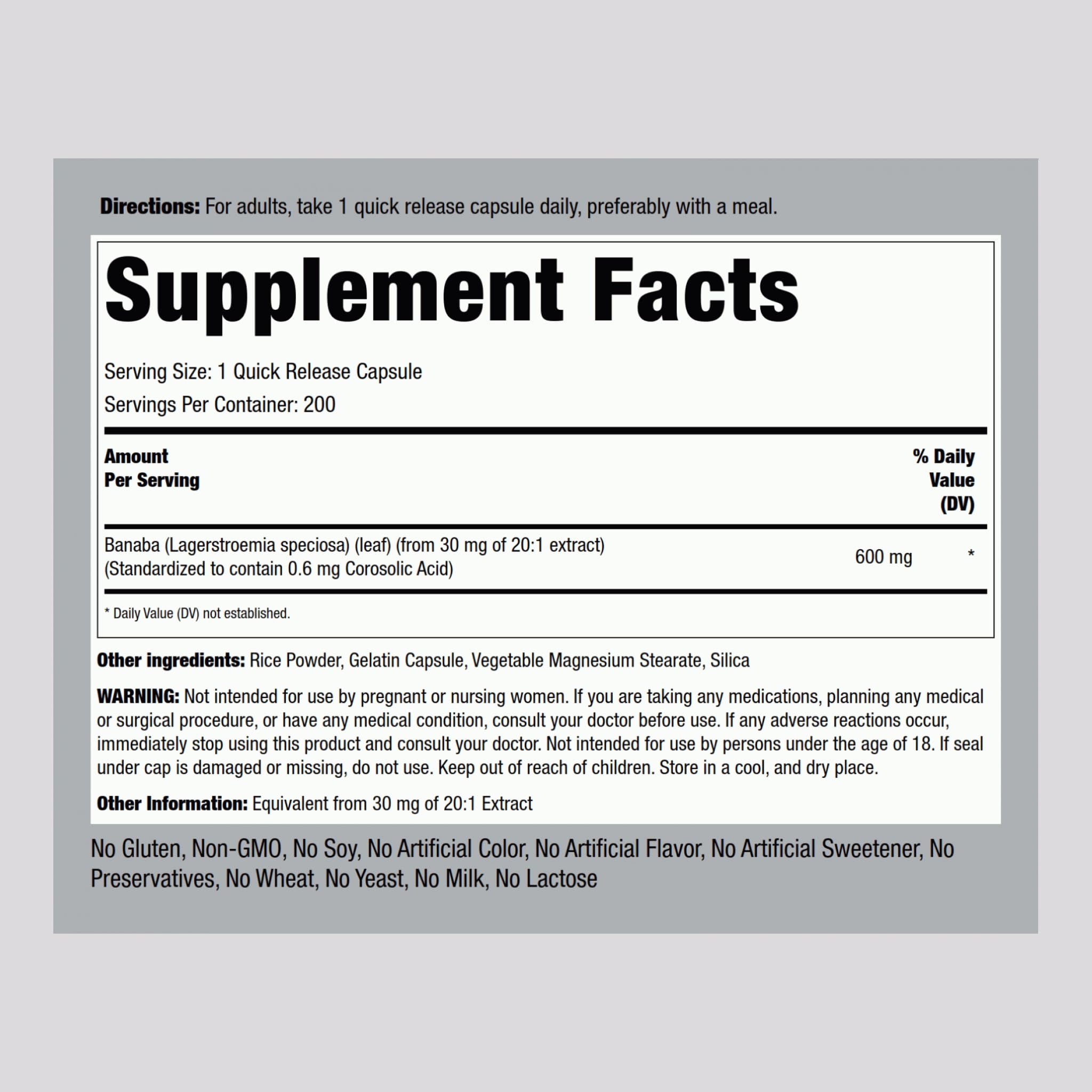 Piping Rock Banaba Leaf Extract Capsules – 600 mg, 200 Count | Corosolic Acid Standardized | Non-GMO & Gluten Free (Pack of 2)