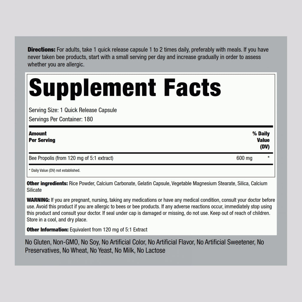 Piping Rock Bee Propolis Capsules 600mg | 180 Pills | Pack of 2 | Non-GMO