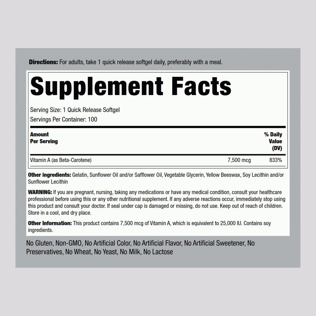 Piping Rock Beta Carotene 25,000 IU Softgels – 100 Count | Non-GMO, Gluten Free
