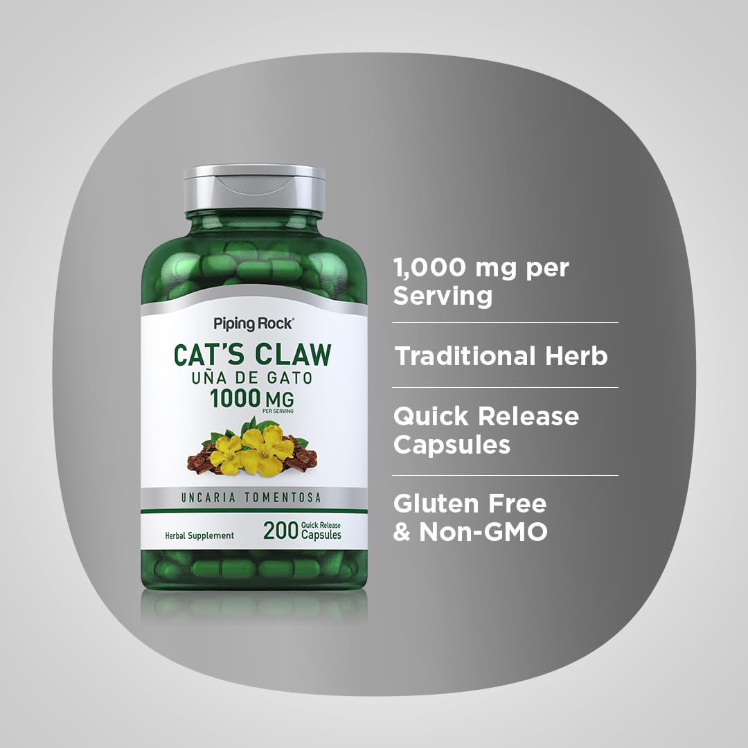 Piping Rock Cat's Claw Capsules 1000mg | 200 Count | UNA De Gato | Herbal Supplement | Non-GMO, Gluten Free