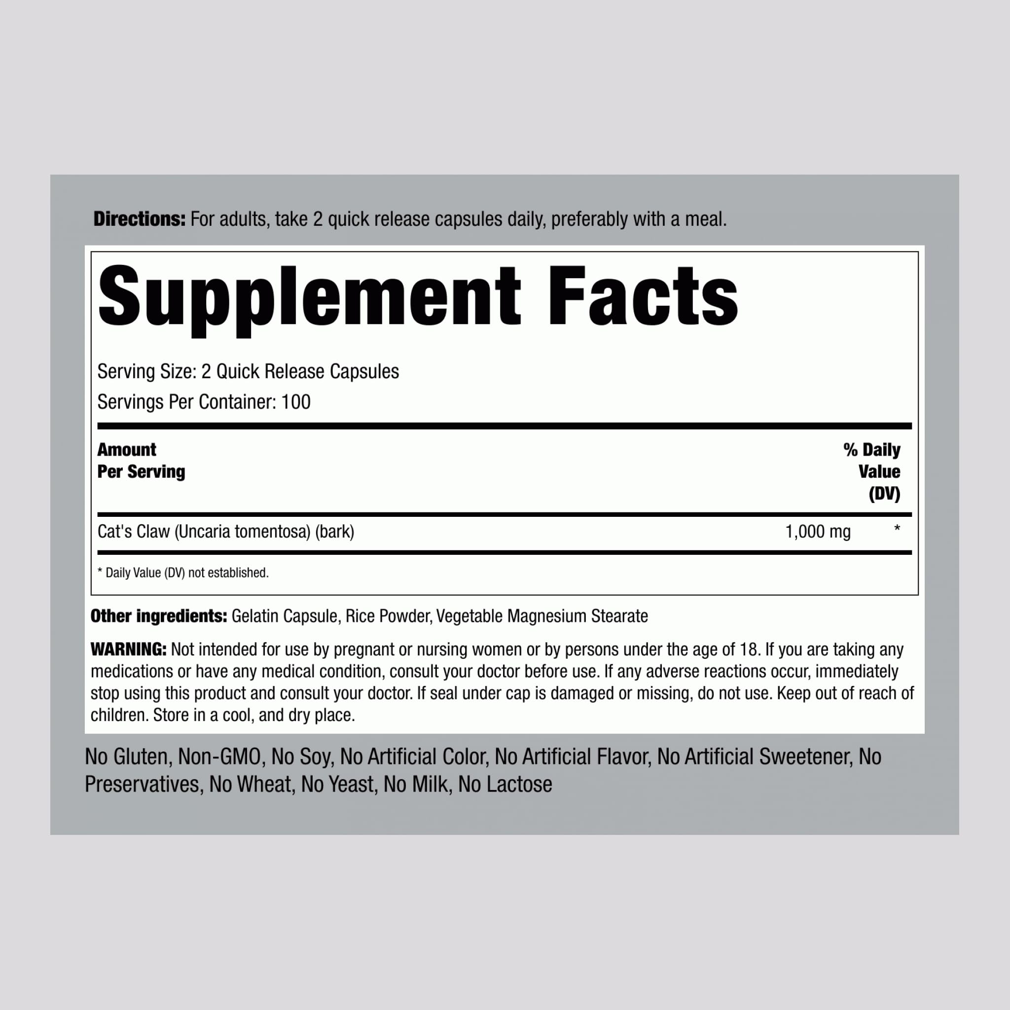 Cat's Claw 1000mg Herbal Supplement | 200 Capsules | Pack of 2 | Piping Rock