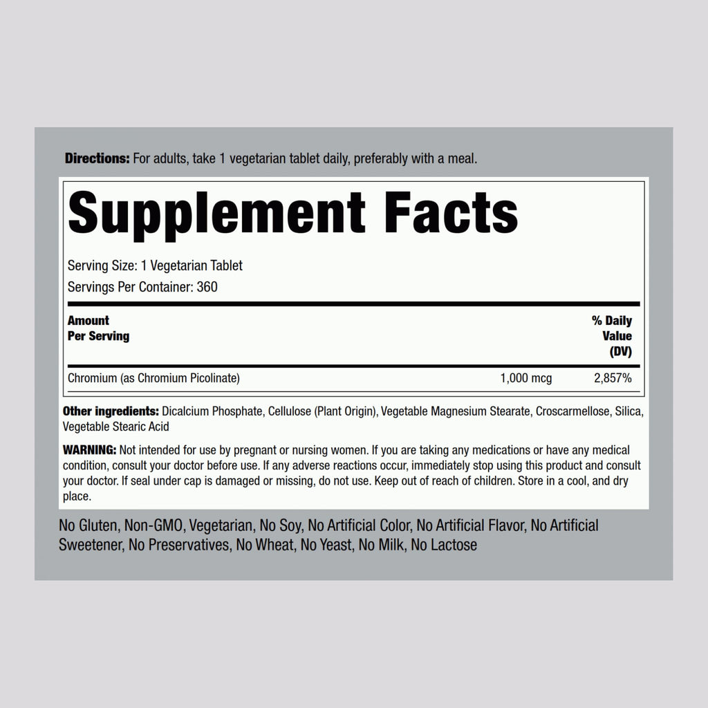 Piping Rock Chromium Picolinate 1000mcg - 360 Tablets | Vegetarian, Non-GMO, Gluten Free | Pack of 2
