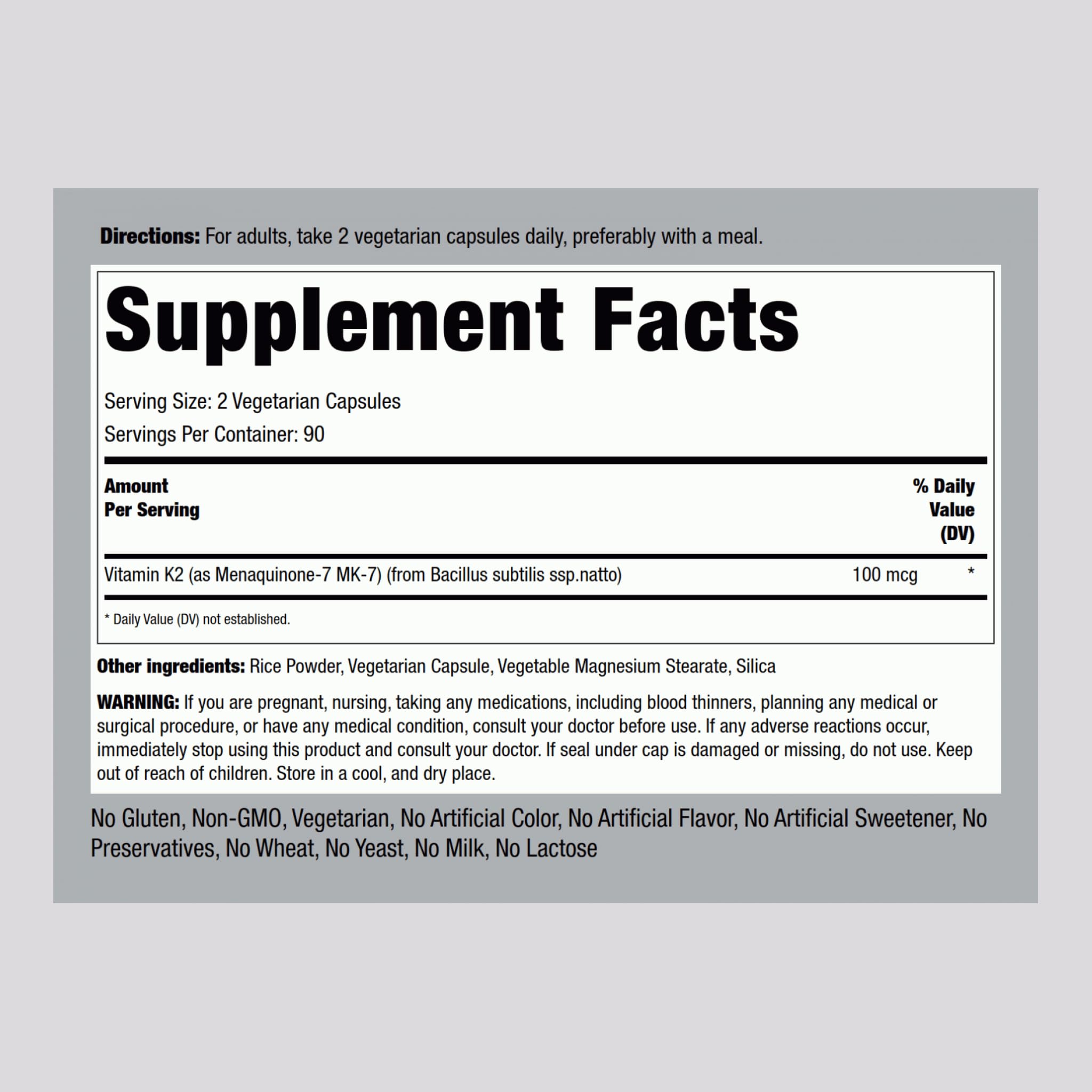 Piping Rock K2 MK7 Vitamin Supplement 100 mcg – 180 Vegetarian Capsules – Non-GMO, Gluten Free