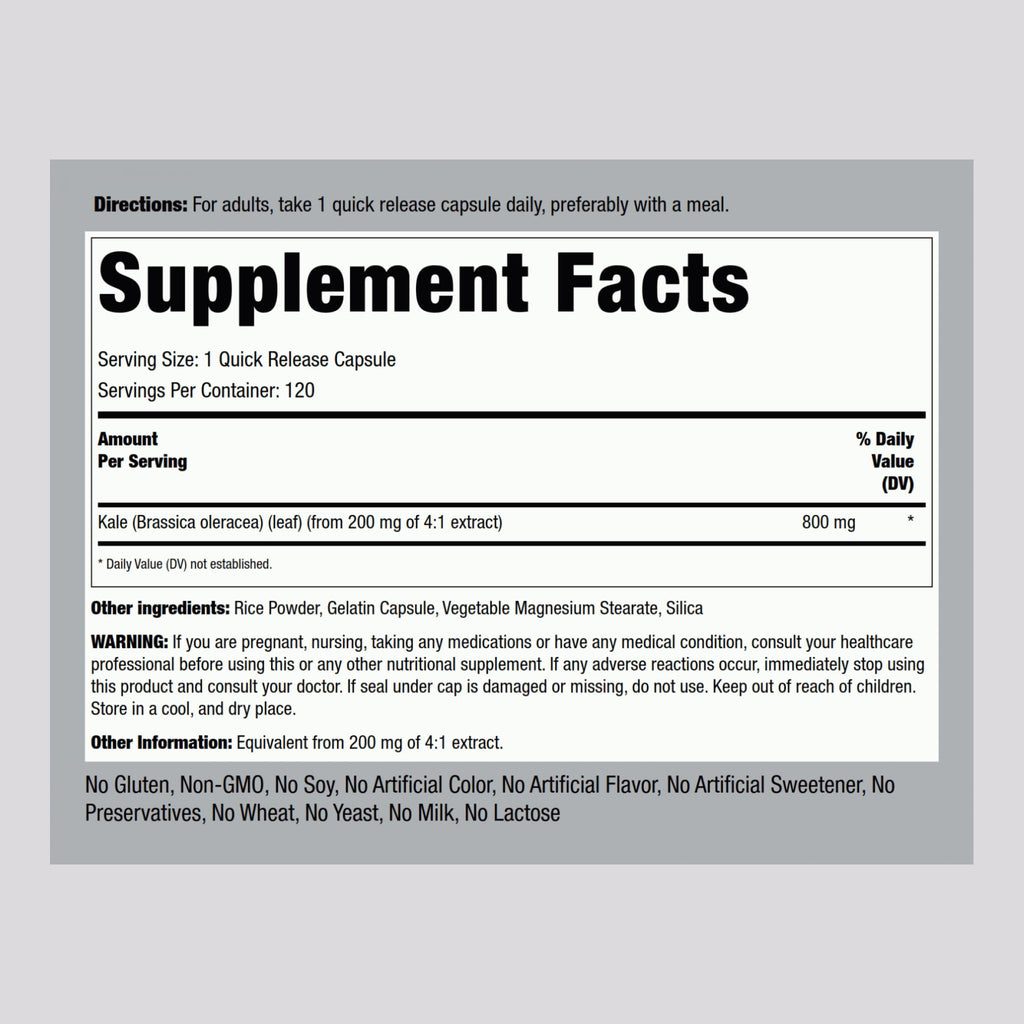 Piping Rock Kale Extract Capsules 800mg – 120 Count, Gluten Free & Non-GMO