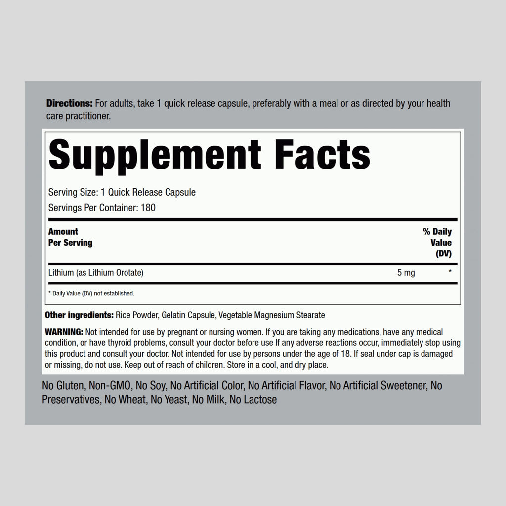 Piping Rock Lithium Orotate Supplement – 5 mg, 180 Capsules | Non-GMO, Gluten Free