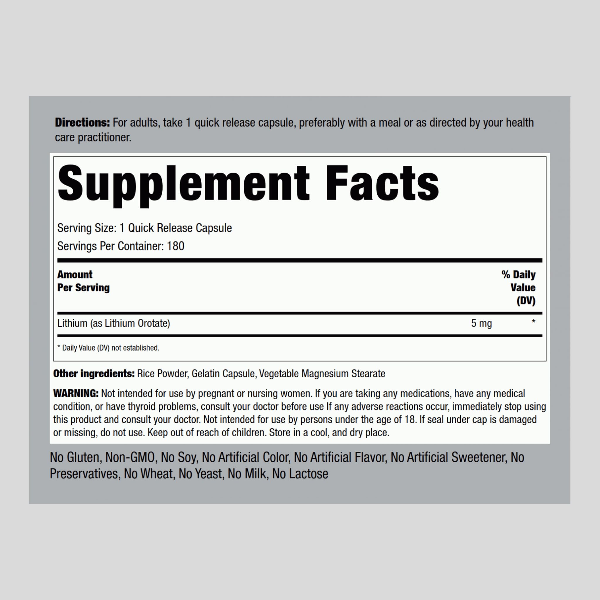 Piping Rock Lithium Orotate Supplement – 5 mg, 180 Capsules | Non-GMO, Gluten Free