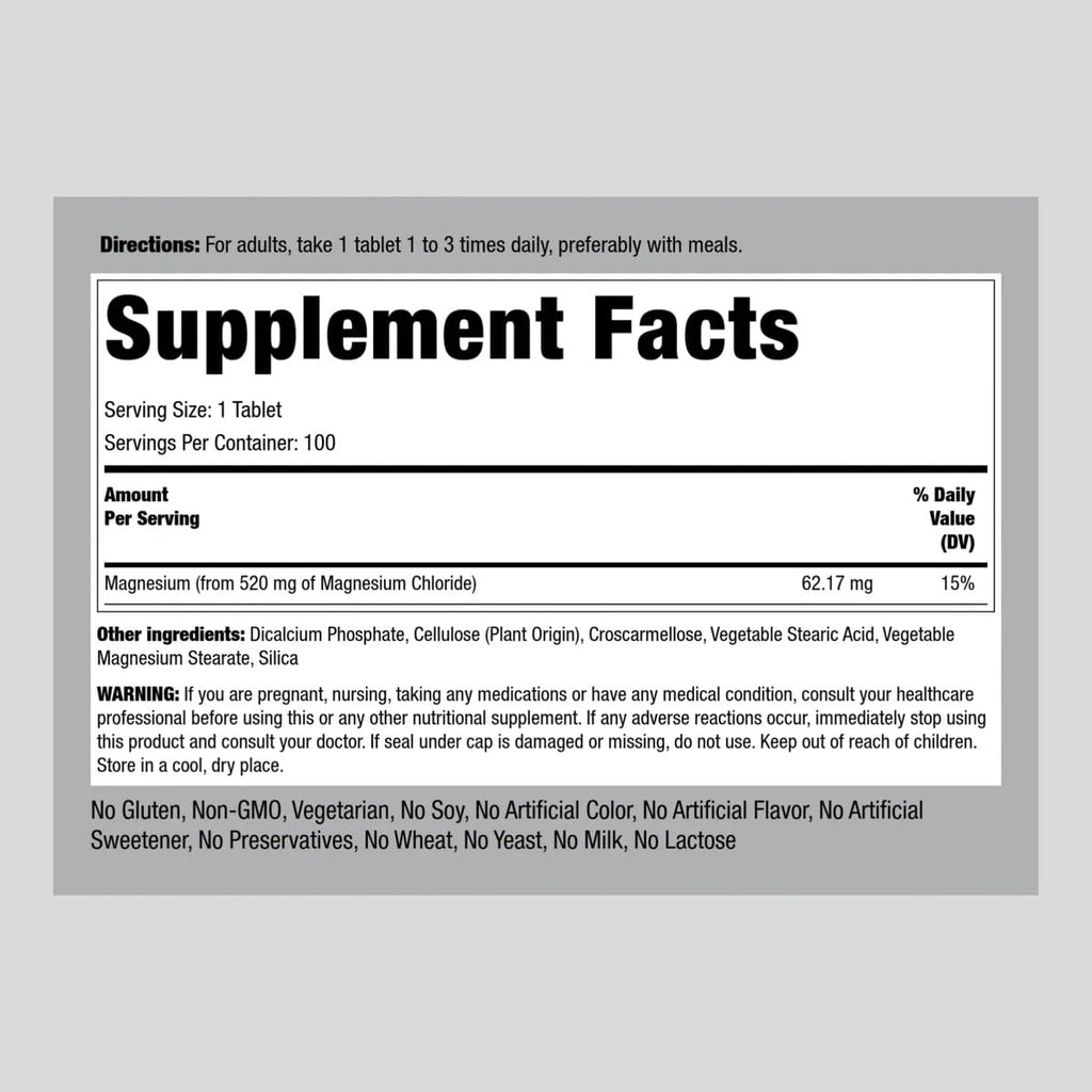 Piping Rock Magnesium Chloride 520mg - 100 Vegetarian Tablets | Non-GMO, Gluten Free