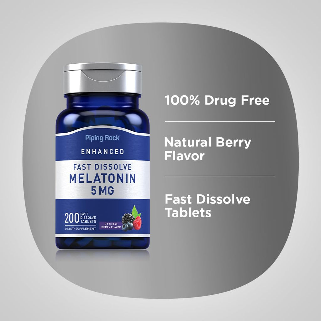 Piping Rock Melatonin 5mg | Berry Flavor | 2-Pack | 200 Tablets per Bottle