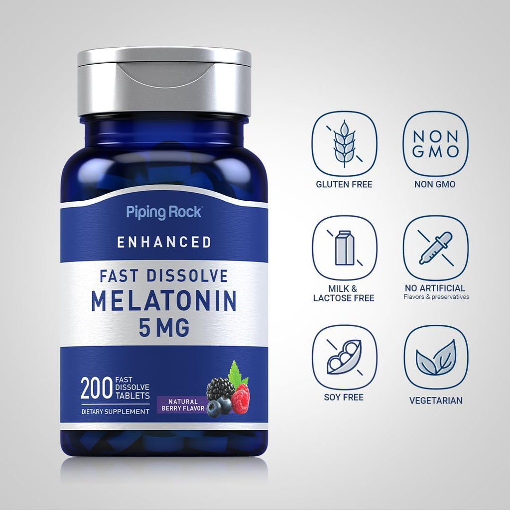 Piping Rock Melatonin 5mg | Berry Flavor | 2-Pack | 200 Tablets per Bottle