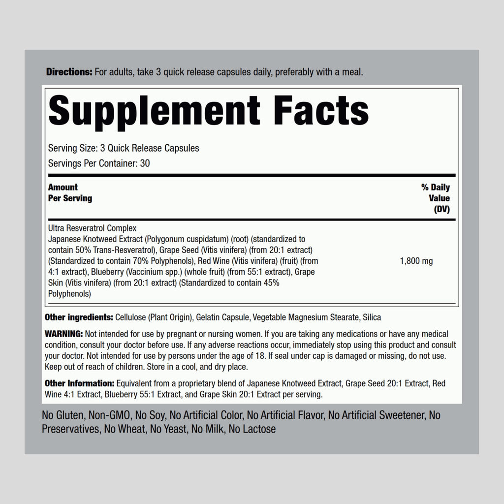 Piping Rock Resveratrol Complex 1800 mg | 90 Capsules | Ultra Potent | Non-GMO, Gluten Free Supplement (Pack of 2)