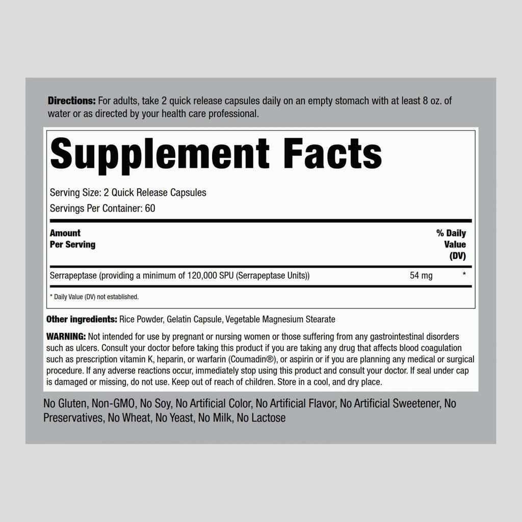 Piping Rock Serrapeptase 120000 SPU – 120 Capsules | Digestive Enzyme | Non-GMO, Gluten Free