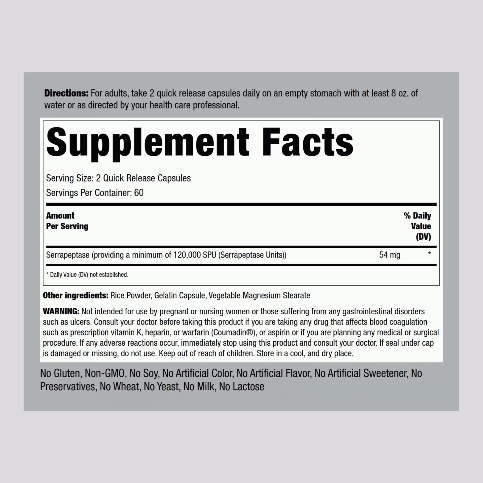 Piping Rock Serrapeptase 120000 SPU – 120 Capsules | Digestive Enzyme | Non-GMO, Gluten Free