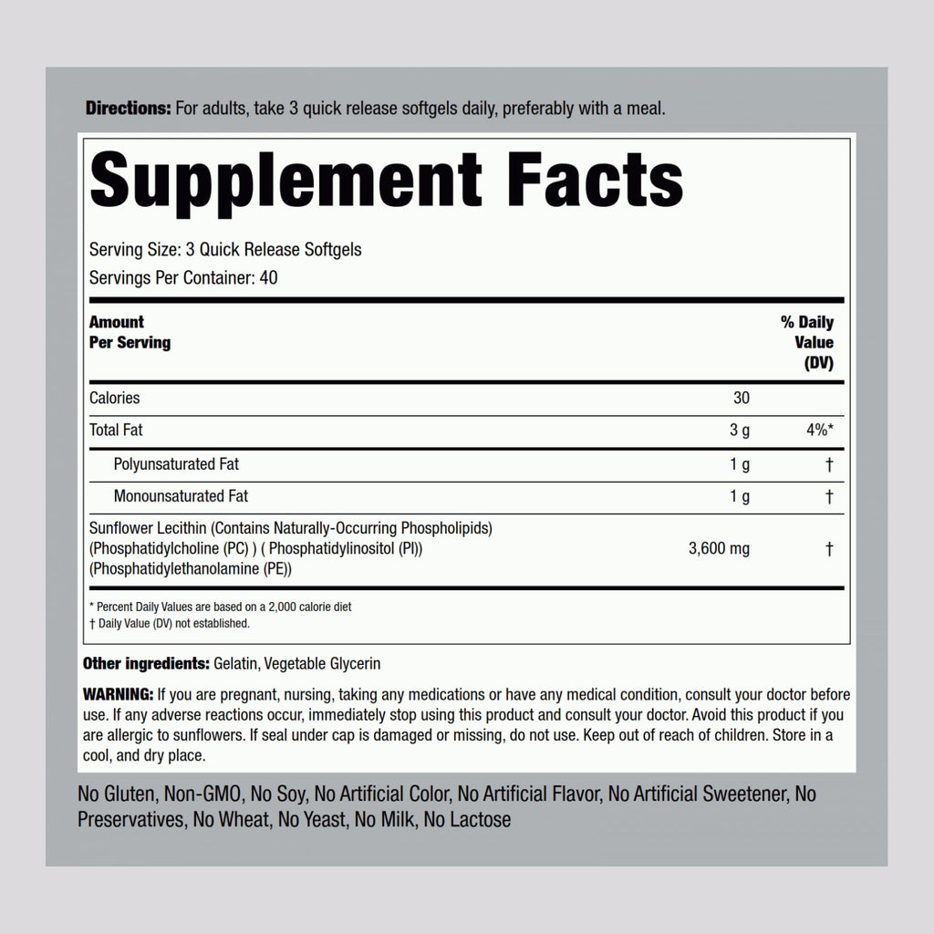 Piping Rock Sunflower Lecithin Softgel Capsules 3600 mg | 120 Count | Phosphatidylcholine | Soy Free, Non-GMO, Gluten Free (Pack of 2)