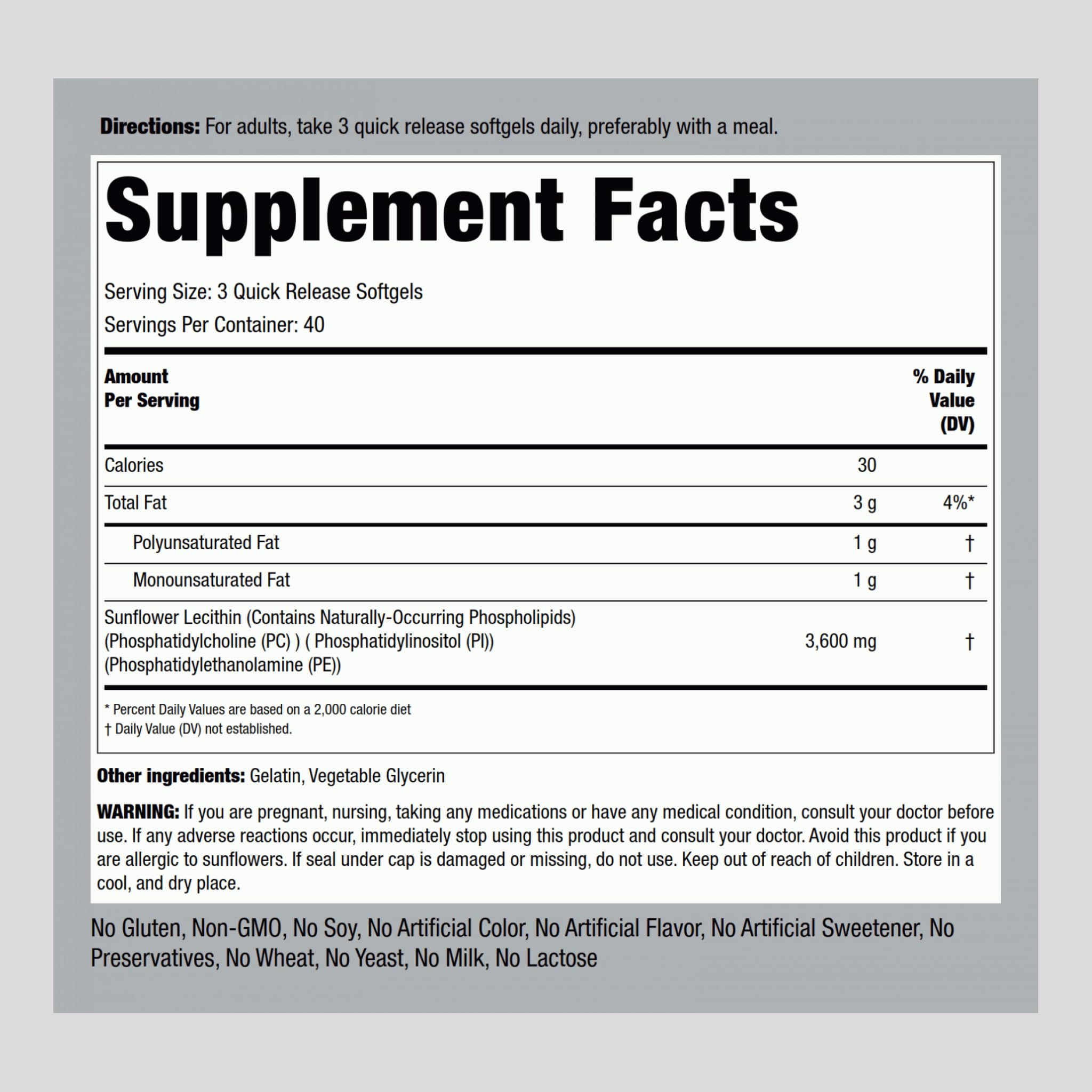 Piping Rock Sunflower Lecithin Softgel Capsules 3600 mg | 120 Count | Phosphatidylcholine | Soy Free, Non-GMO, Gluten Free (Pack of 2)