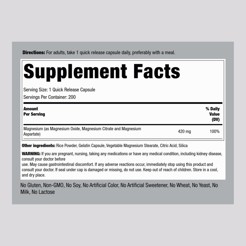 Piping Rock Triple Magnesium Complex | 420 mg | 200 Capsules | Non-GMO, Gluten Free