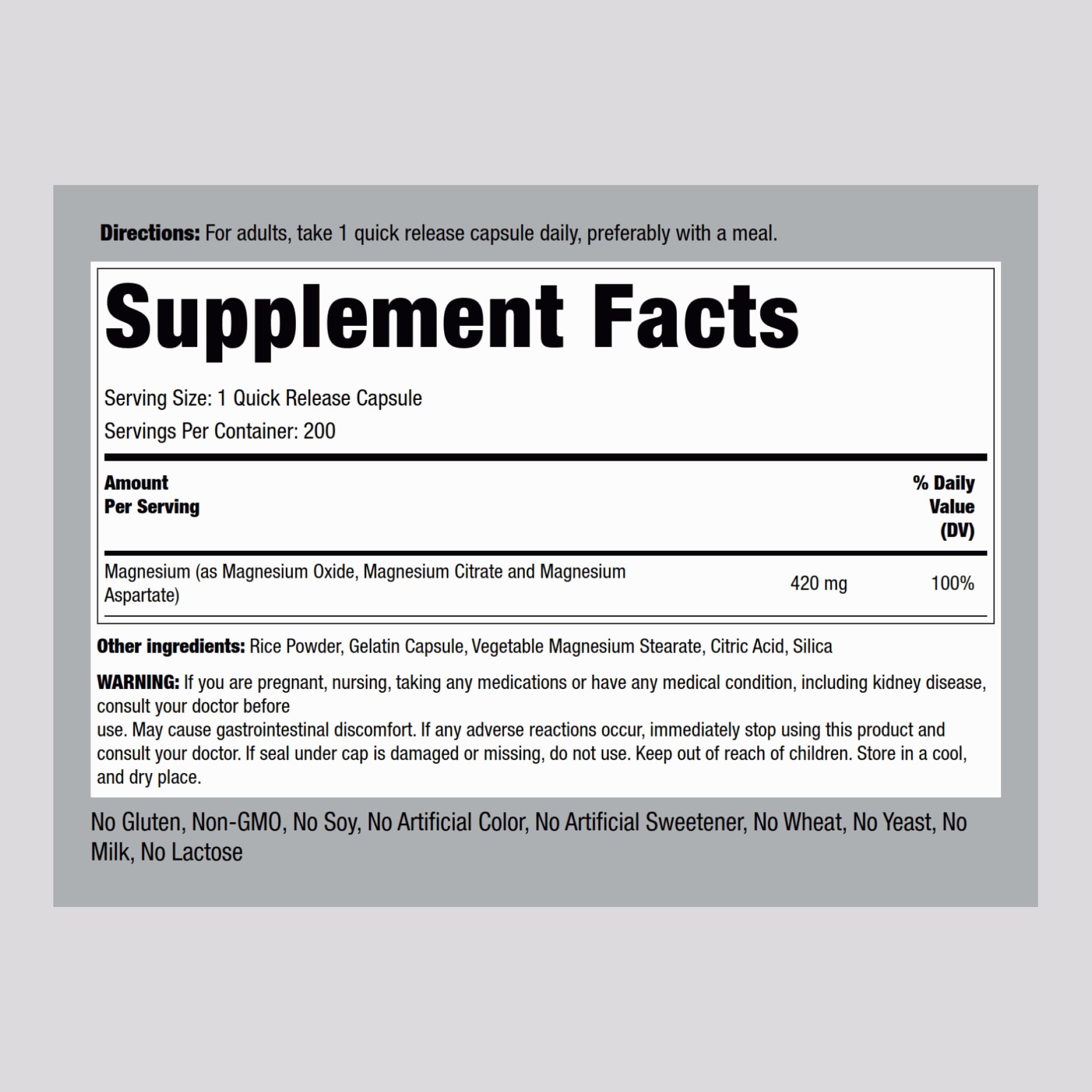 Piping Rock Triple Magnesium Complex | 420 mg | 200 Capsules | Non-GMO, Gluten Free