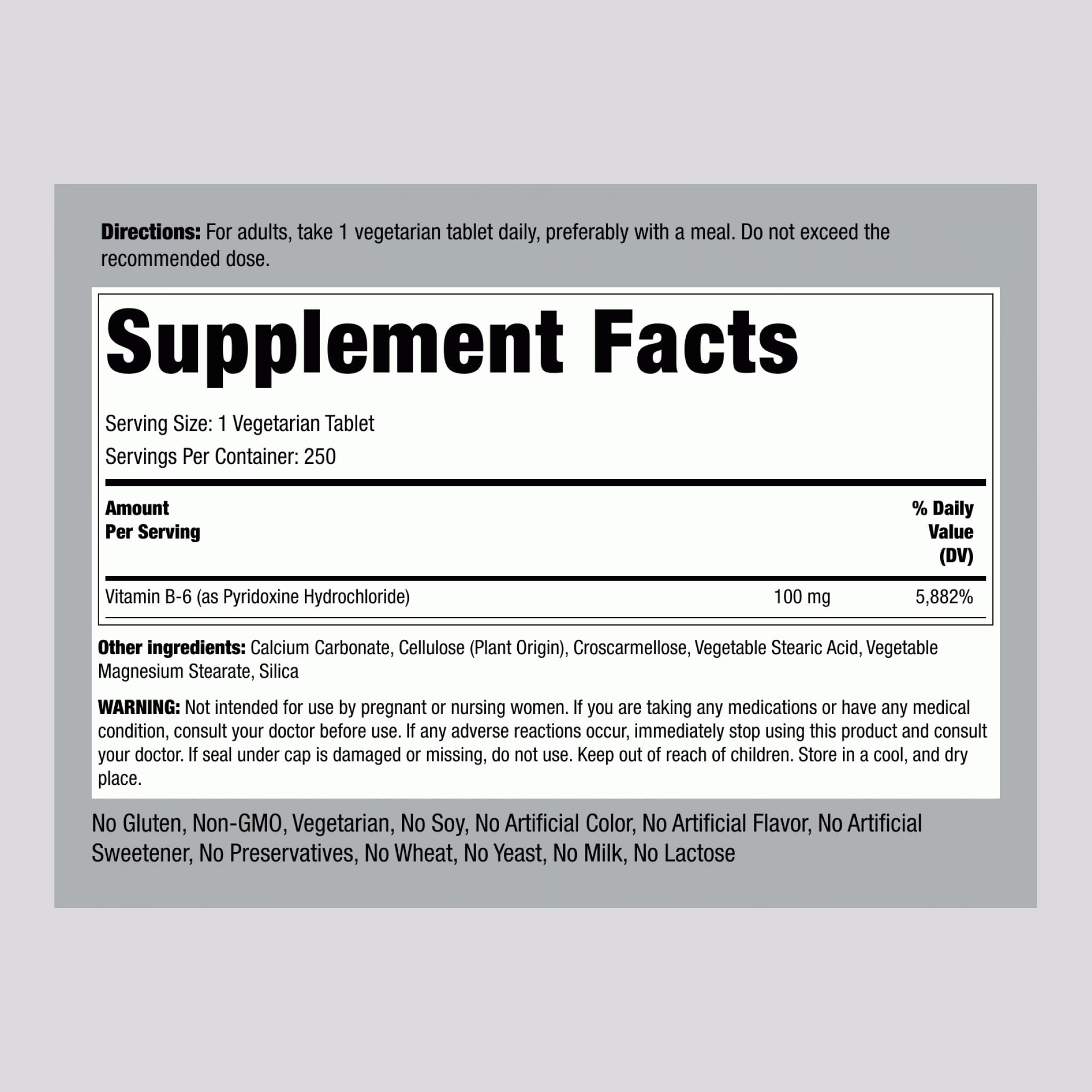 Piping Rock Vitamin B-6 100mg Supplement | 250 Tablets | as Pyridoxine Hydrochloride | Non-GMO & Vegetarian Formula