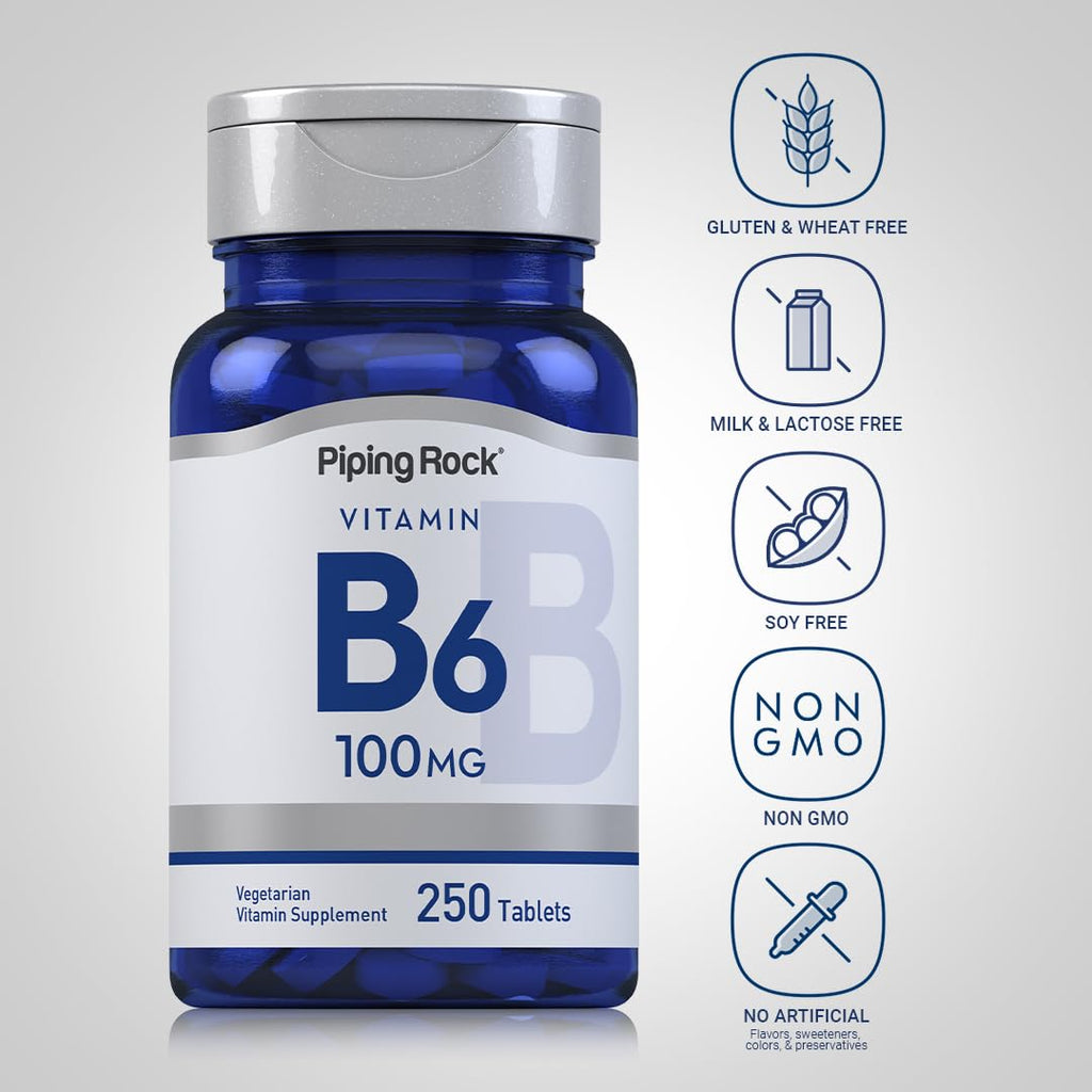 Piping Rock Vitamin B-6 100mg Supplement | 250 Tablets | as Pyridoxine Hydrochloride | Non-GMO & Vegetarian Formula