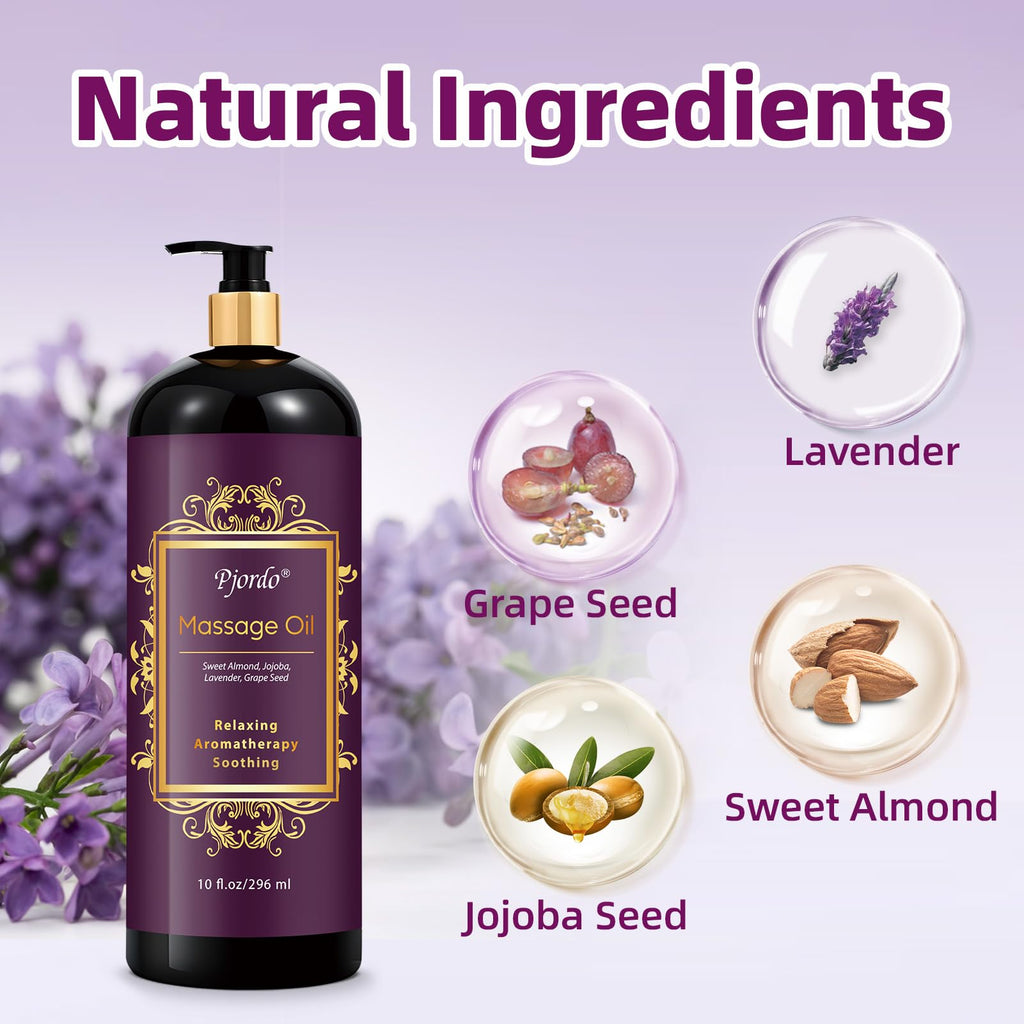Pjordo Aromatherapy Lavender Massage Oil – 10 fl oz, Spa-Quality with Grape Seed, Sweet Almond & Jojoba