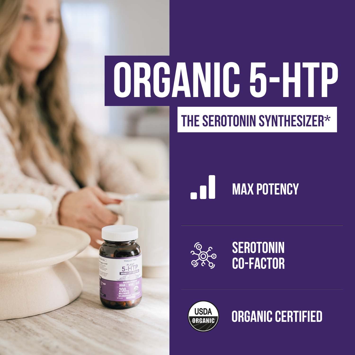 Organic 5-HTP 200mg, 99% Purity, B6 & Lion's Mane – 60 Capsules