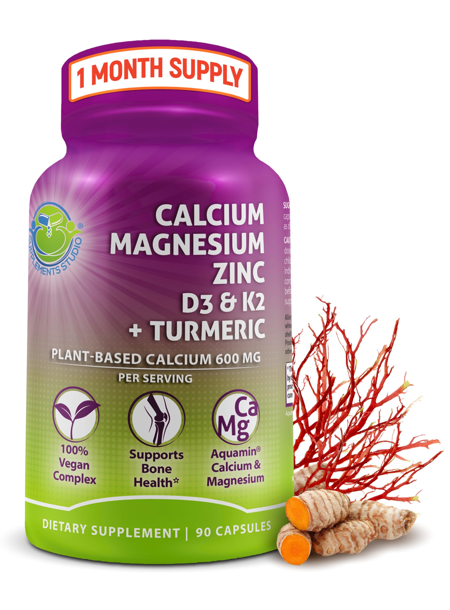 Plant-Based Calcium 600mg (Aquamin) – Vegan Calcium Magnesium Zinc D3, Vitamin K2 & Organic Turmeric – Enhanced Bone & Muscle Health (90 Count)