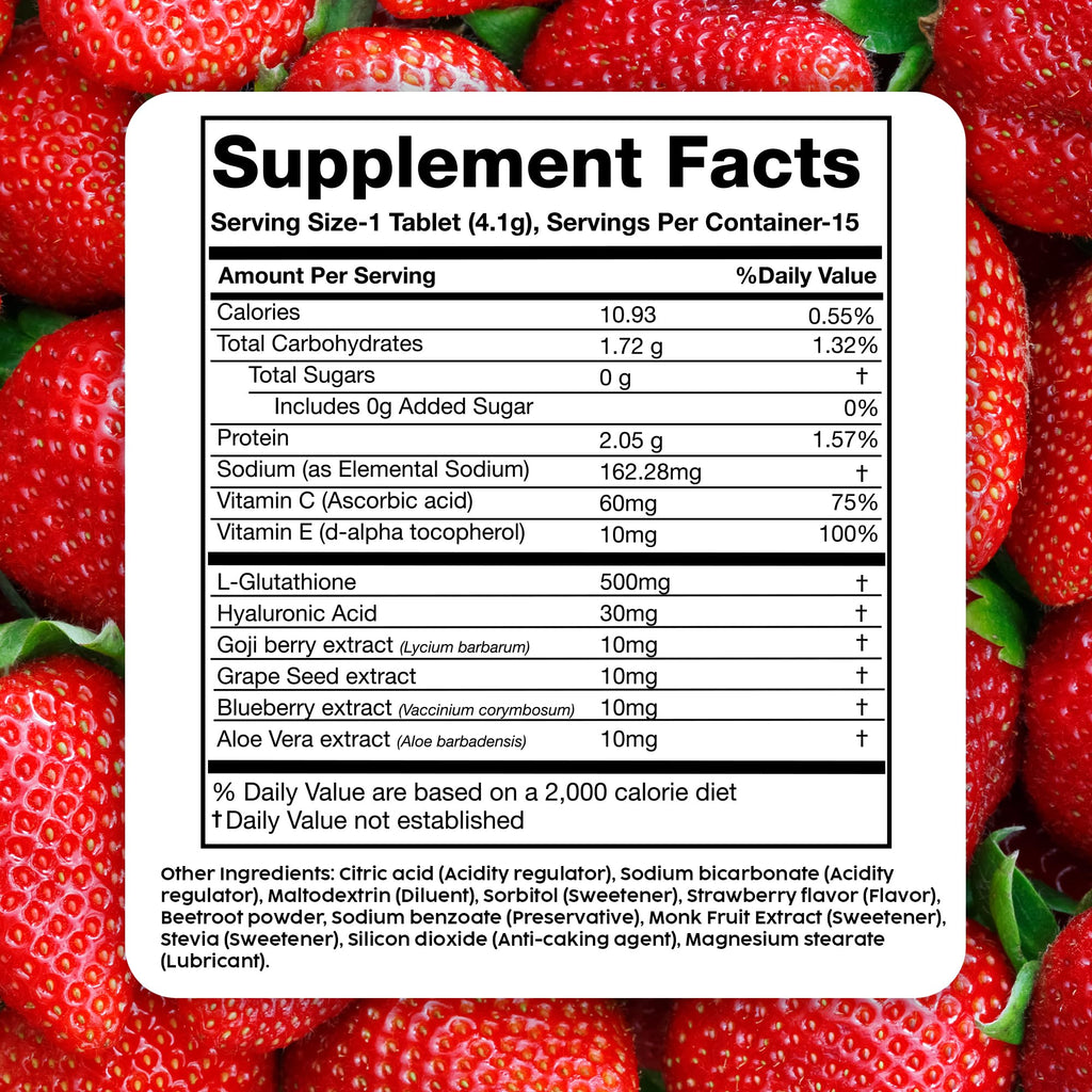 PLIX Glowy Skin 500mg Glutathione | Hyaluronic Acid, Vitamin C & Berries | 60 Effervescent Tablets – Strawberry