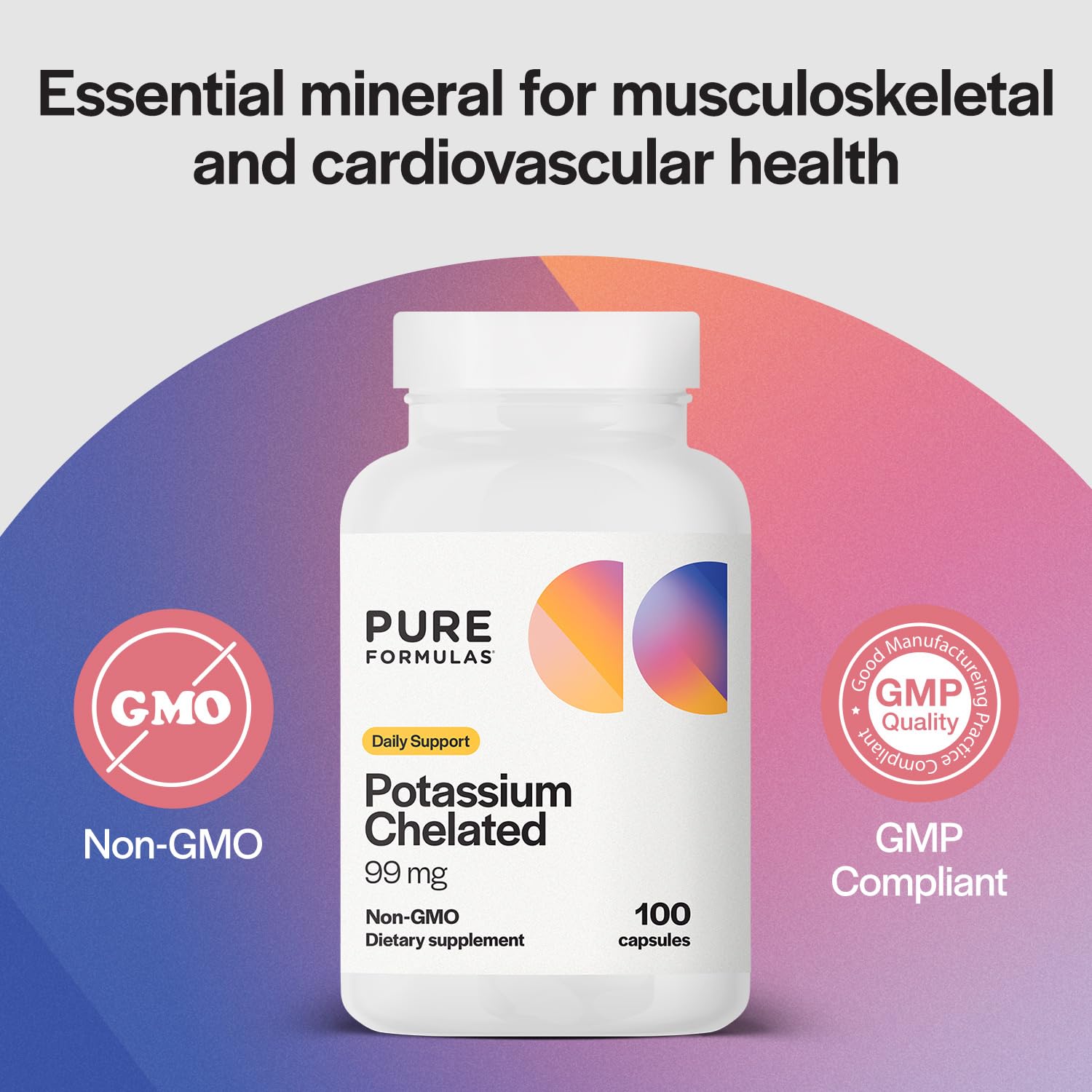 PureFormulas Potassium 99 mg Chelated – Highly Absorbable Potassium Supplement | Non-GMO, 100 Vegetarian Capsules