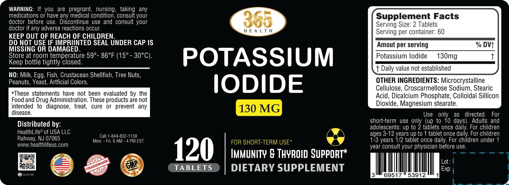 Potassium Iodide 130 mg KI Tablets – 120 Count – USA Made Potassium Iodine Pills