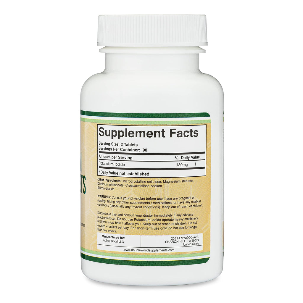 Potassium Iodide 130 mg Tablets – 180 Count Emergency Use for Exposure – 3 Month Supply | Double Wood Supplements