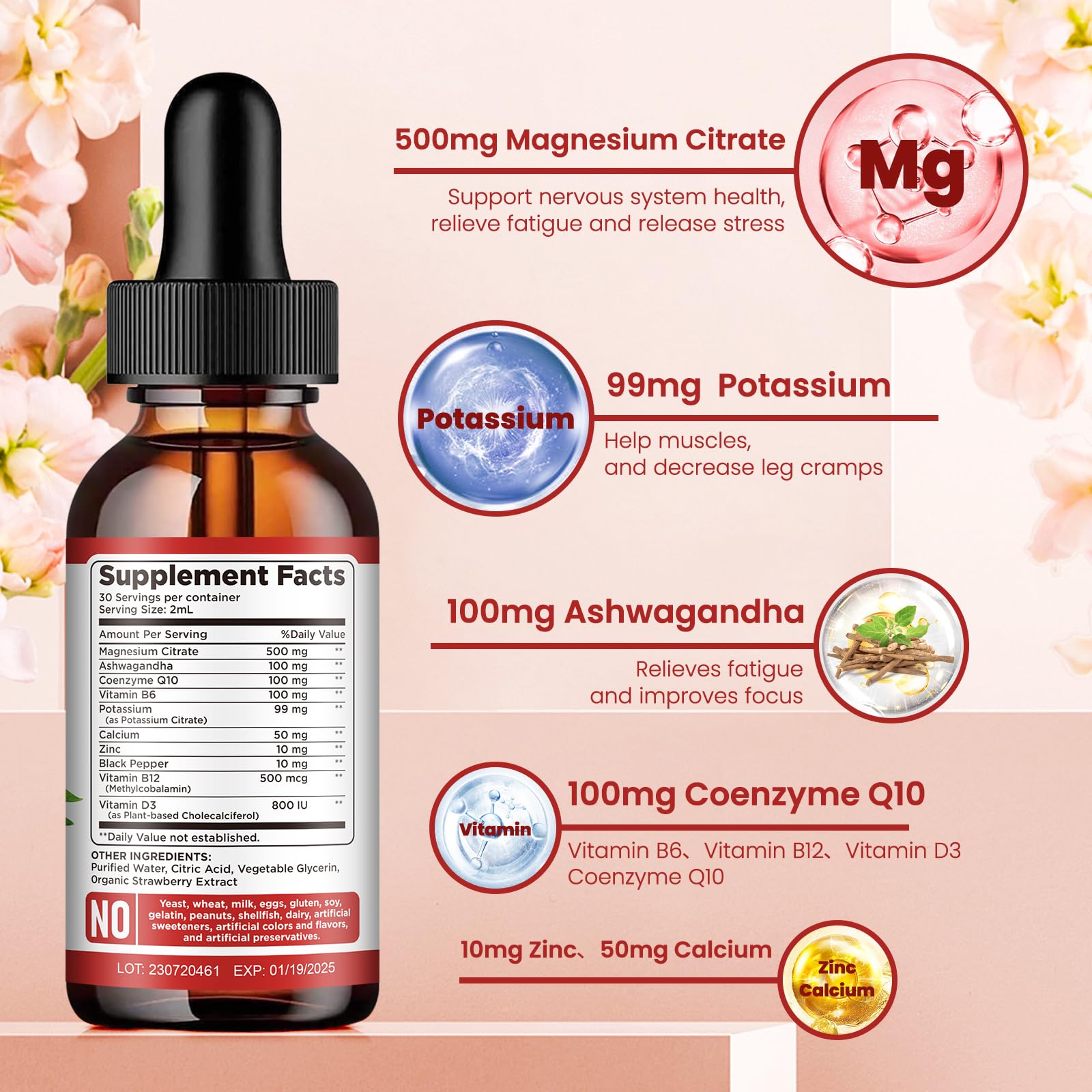 Potassium Magnesium Citrate Liquid Drops 500mg – Ashwagandha, Calcium, Zinc, Vitamin D3, B6, B12, CoQ10 | Vegan 2 fl oz