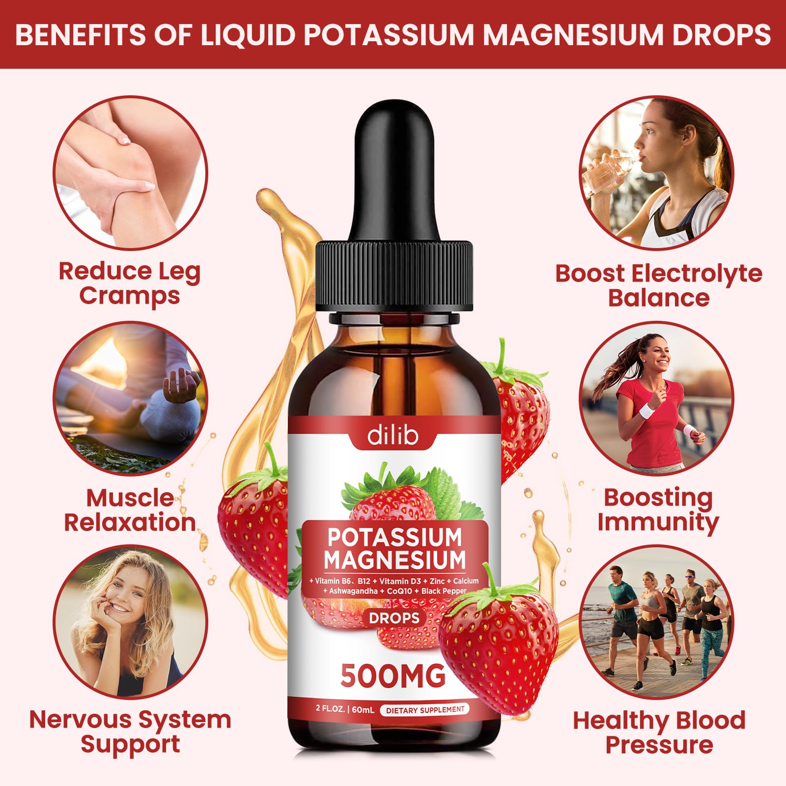 Potassium Magnesium Citrate Liquid Drops 500mg – Ashwagandha, Calcium, Zinc, Vitamin D3, B6, B12, CoQ10 | Vegan 2 fl oz