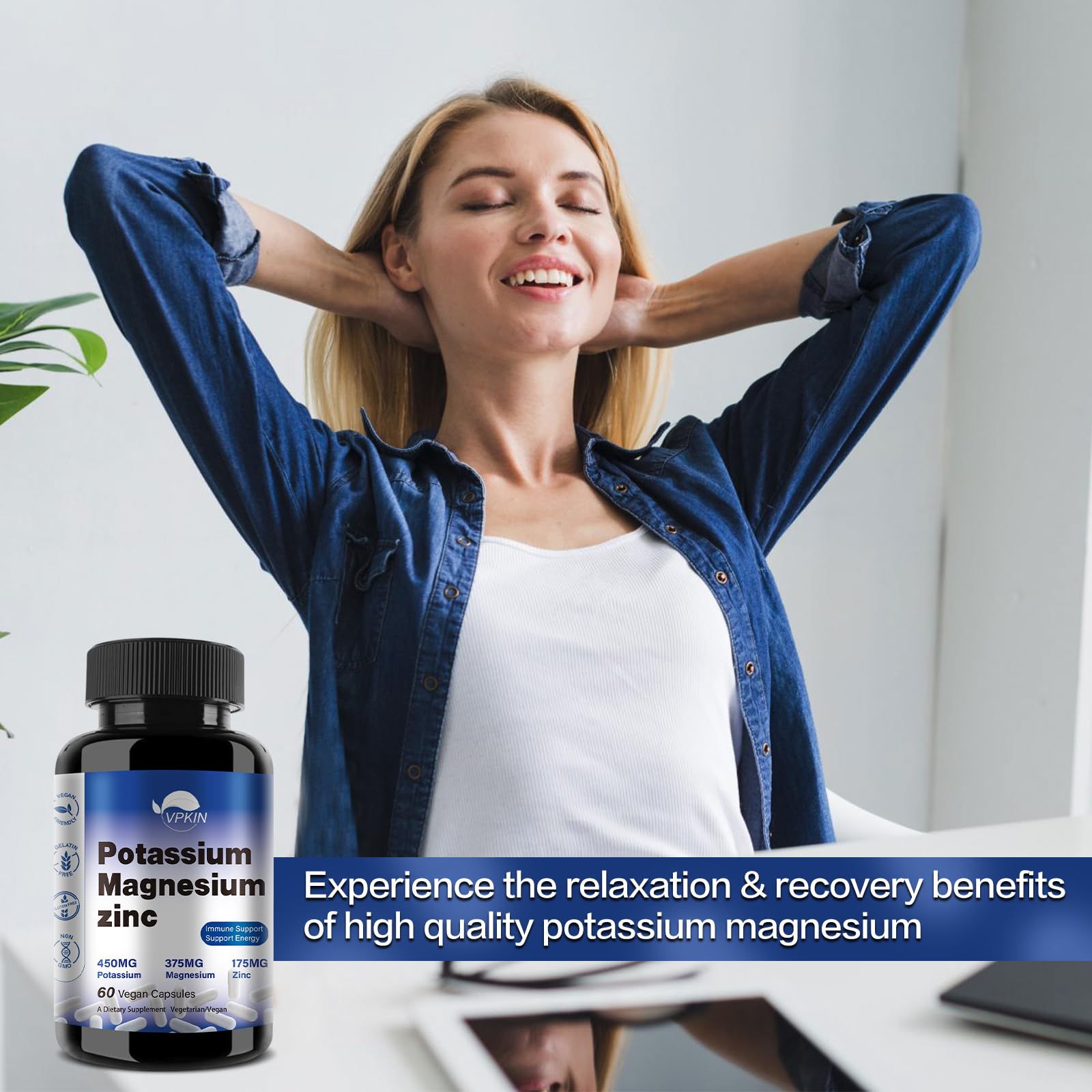 Potassium Magnesium 1000mg Supplement | Leg Cramps Relief | High Absorption | Vegan (60 Capsules)
