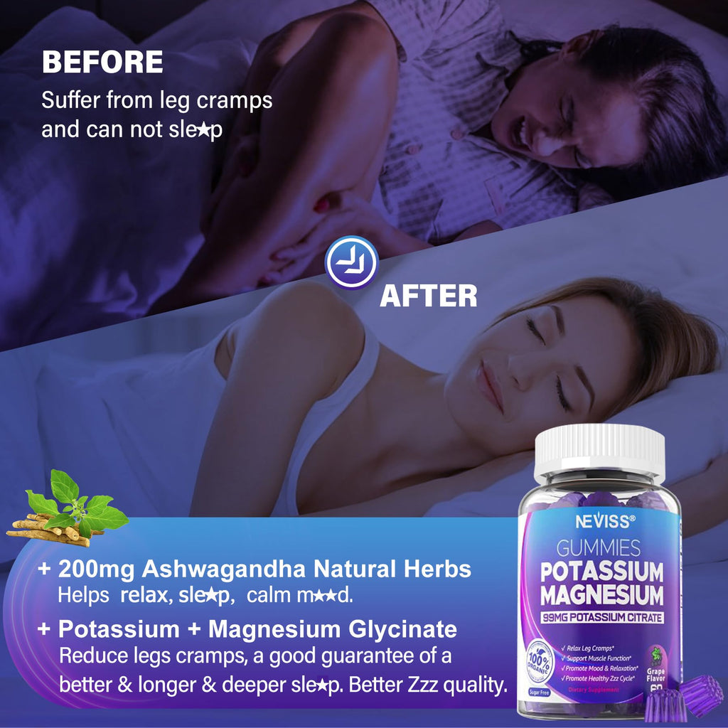 Potassium Magnesium Gummies - Ashwagandha 200mg, Mg Glycinate, B6 & B12 | Sugar-Free 2-Pack