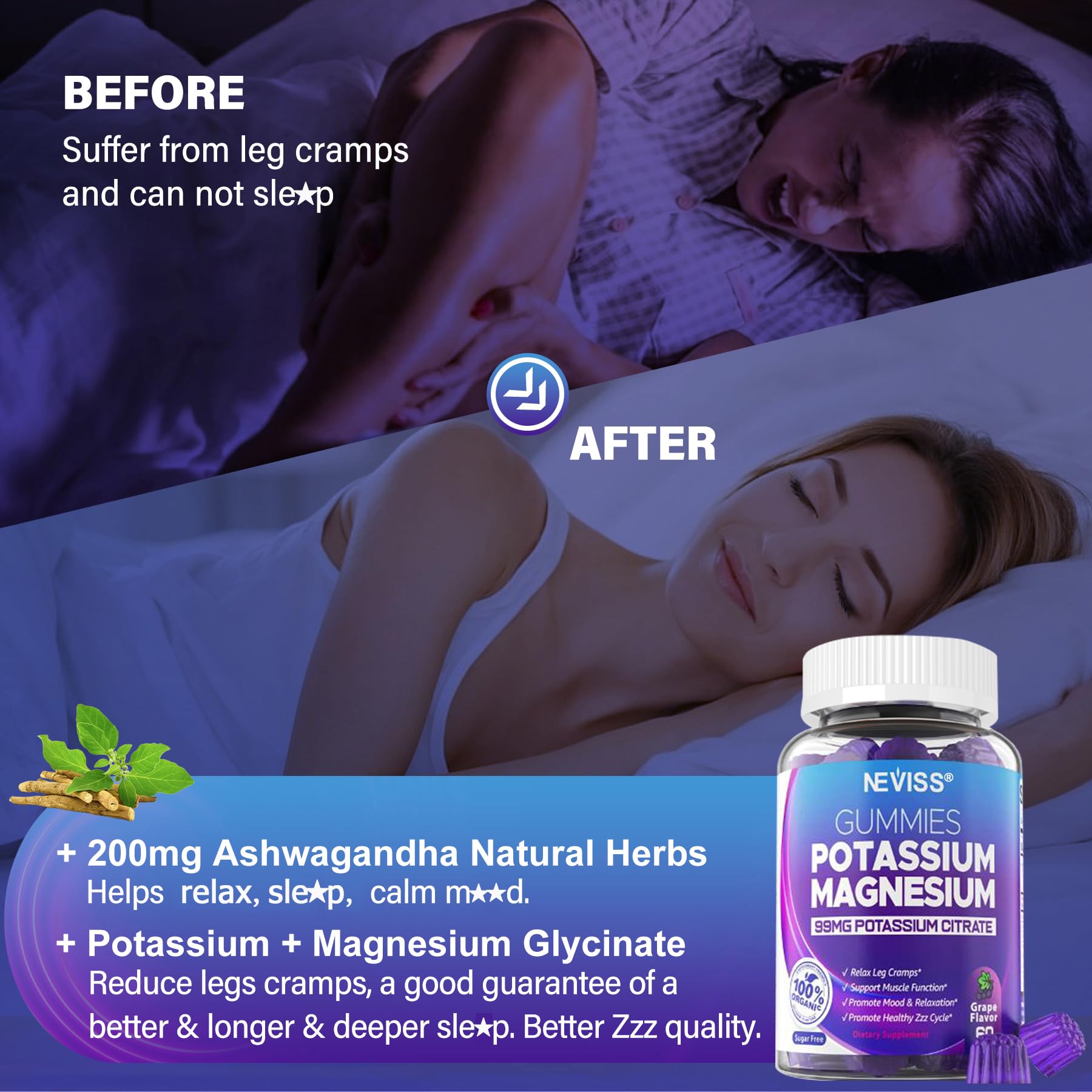 Potassium Magnesium Gummies - Ashwagandha 200mg, Mg Glycinate, B6 & B12 | Sugar-Free 2-Pack
