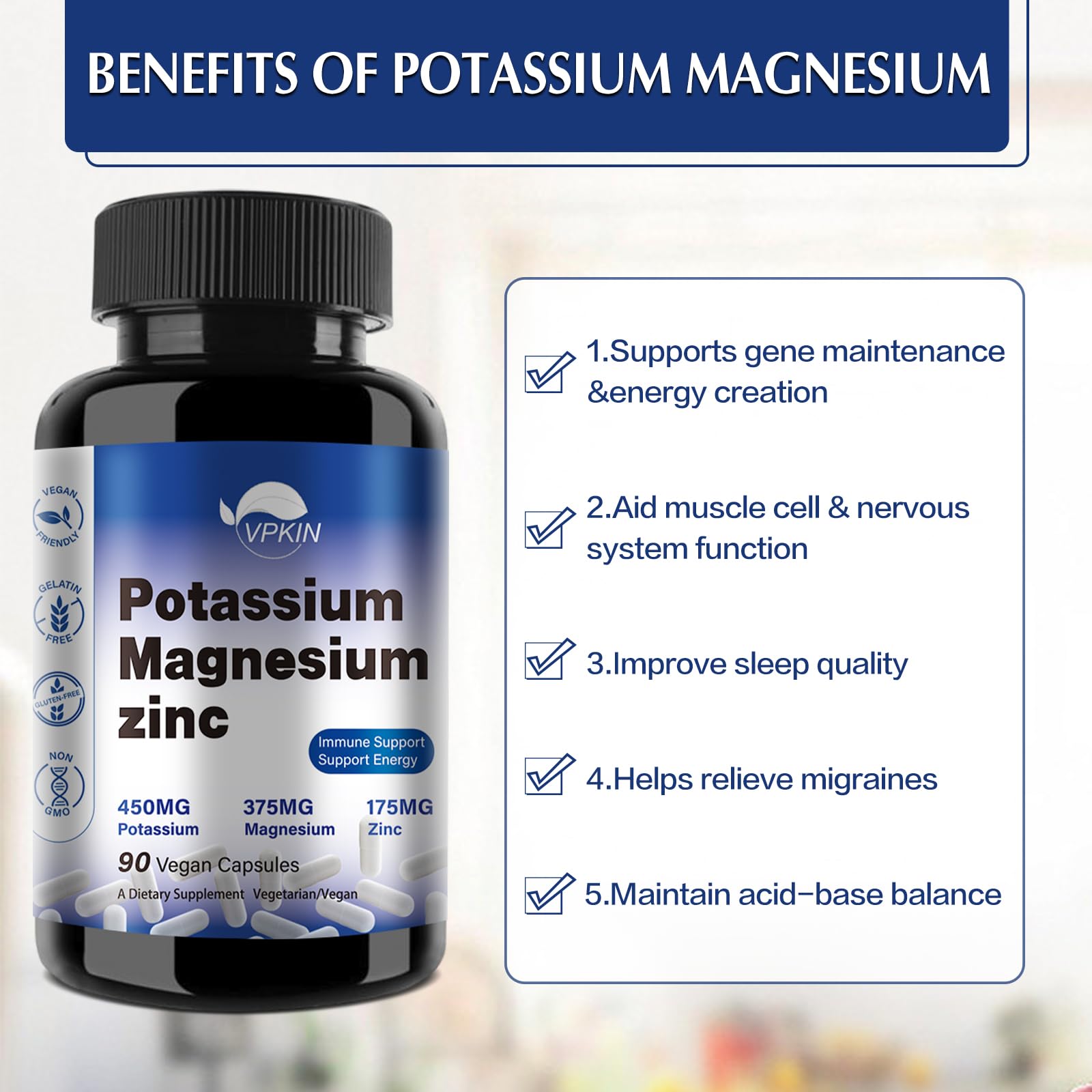 Potassium Magnesium Supplement 1000mg - High Absorption Mg + Potassium + Zinc | 90 Capsules