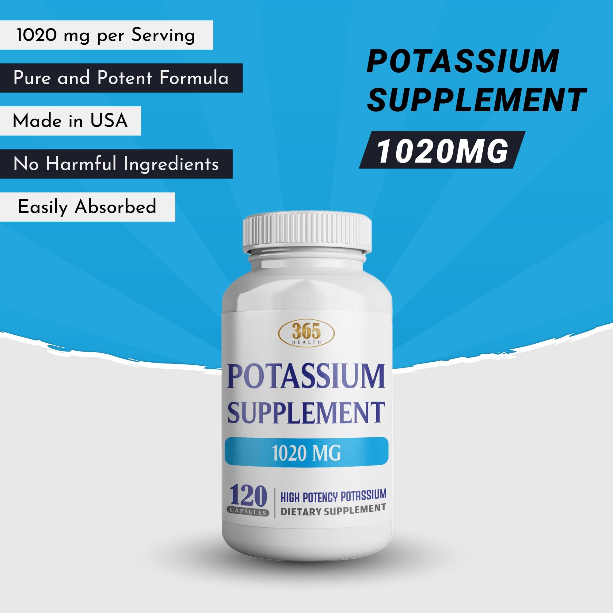 365 Health Potassium Supplement 1020 mg | Potassium Bicarbonate | Non-GMO | Gluten Free | Made in USA | 120 Vegetarian Capsules
