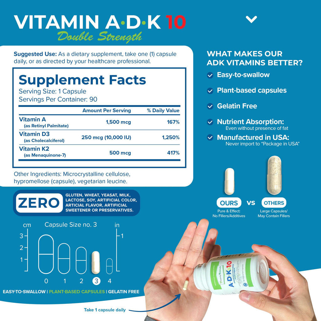 Power By Naturals ADK 10 – High Potency Vitamin A D3 K2 (90 Caps, 2-Pack)