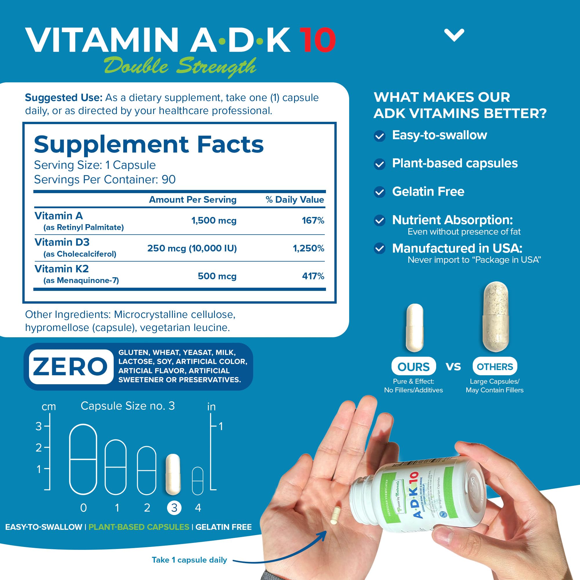 Power By Naturals ADK 10 Vitamin Supplement – A, D3 10,000 IU & K2 MK-7, 90 Capsules (3-Month Supply)