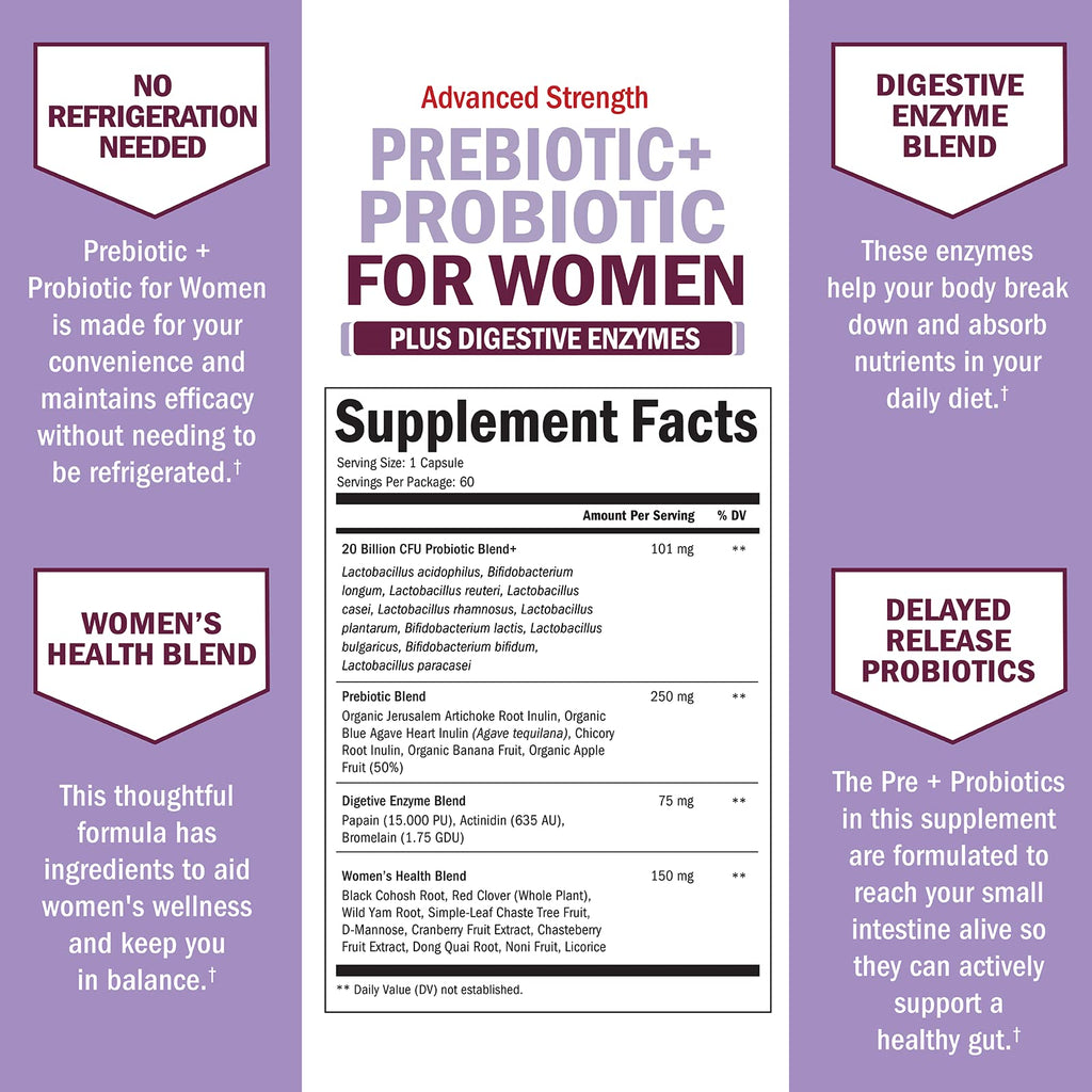 Prebiotics & Probiotics for Women with Black Cohosh & Red Clover – Gut, Vaginal & Immune Support (60 Count)