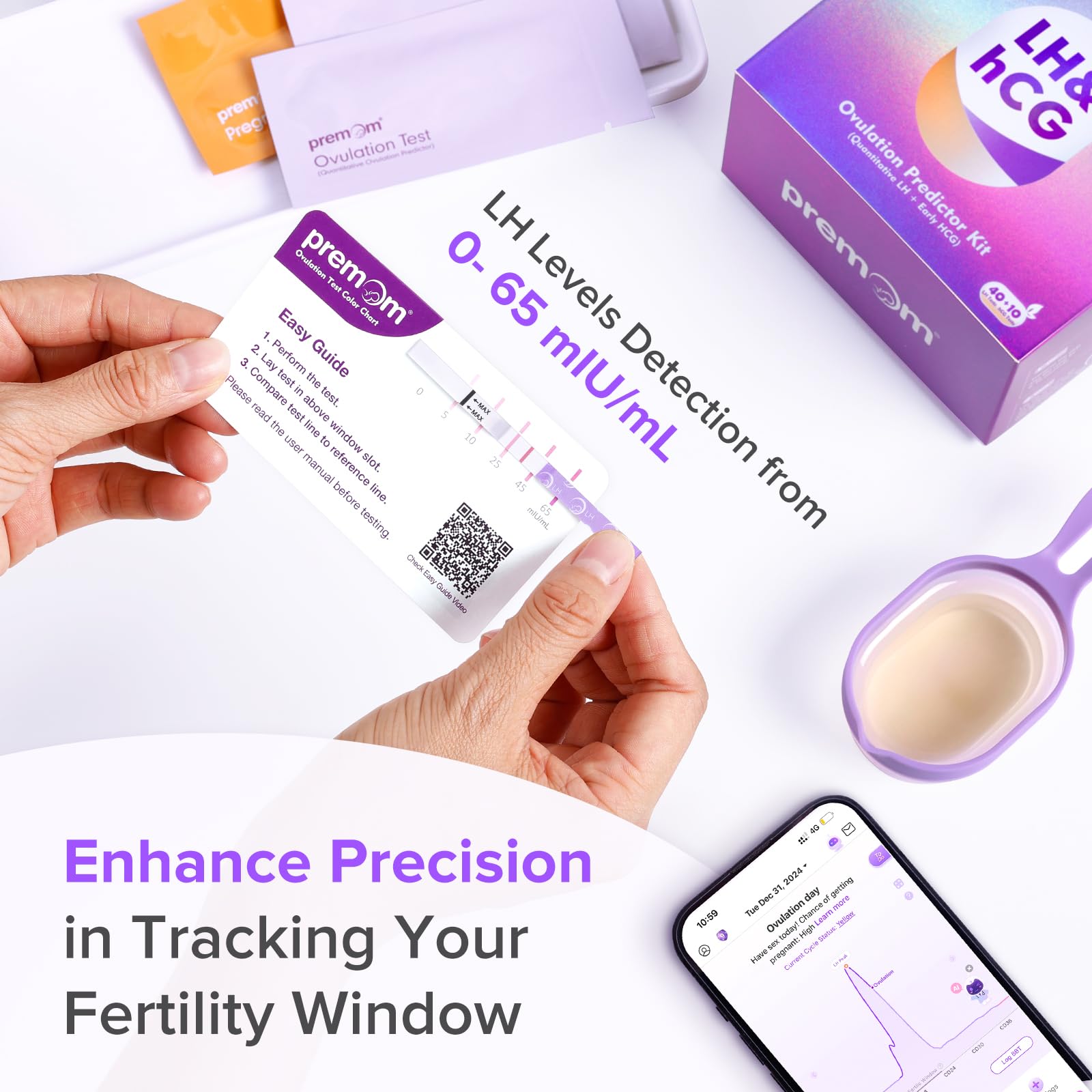 Premom Quantitative Ovulation & Pregnancy Test Kit — 40 LH Strips, 10 HCG Strips, 2 Reusable Cups